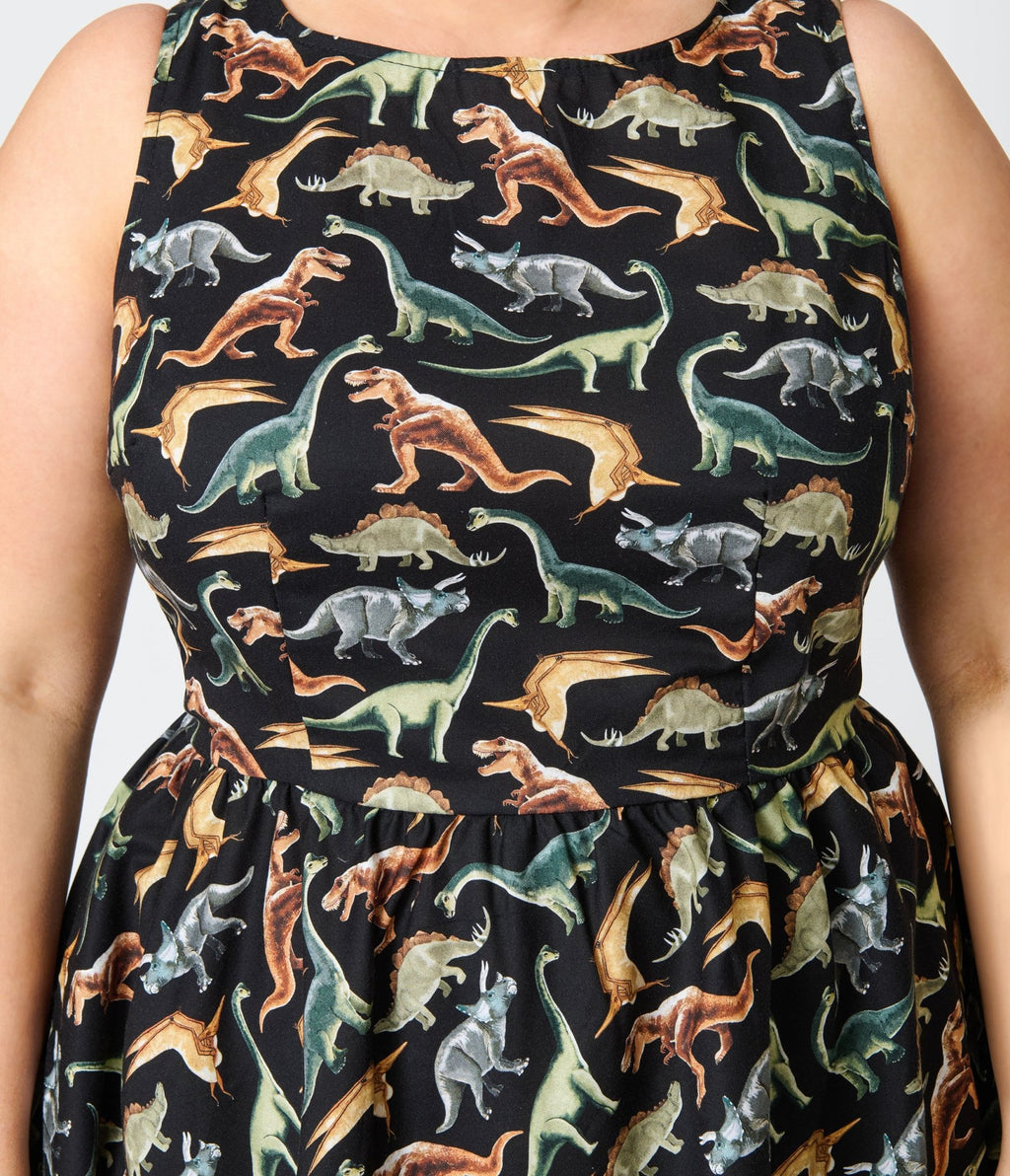 Retrolicious Plus Size Black & Dinosaur Print Cotton Flare Dress - Unique Vintage - Womens, DRESSES, MIDI