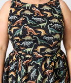 Retrolicious Plus Size Black & Dinosaur Print Cotton Flare Dress - Unique Vintage - Womens, DRESSES, MIDI
