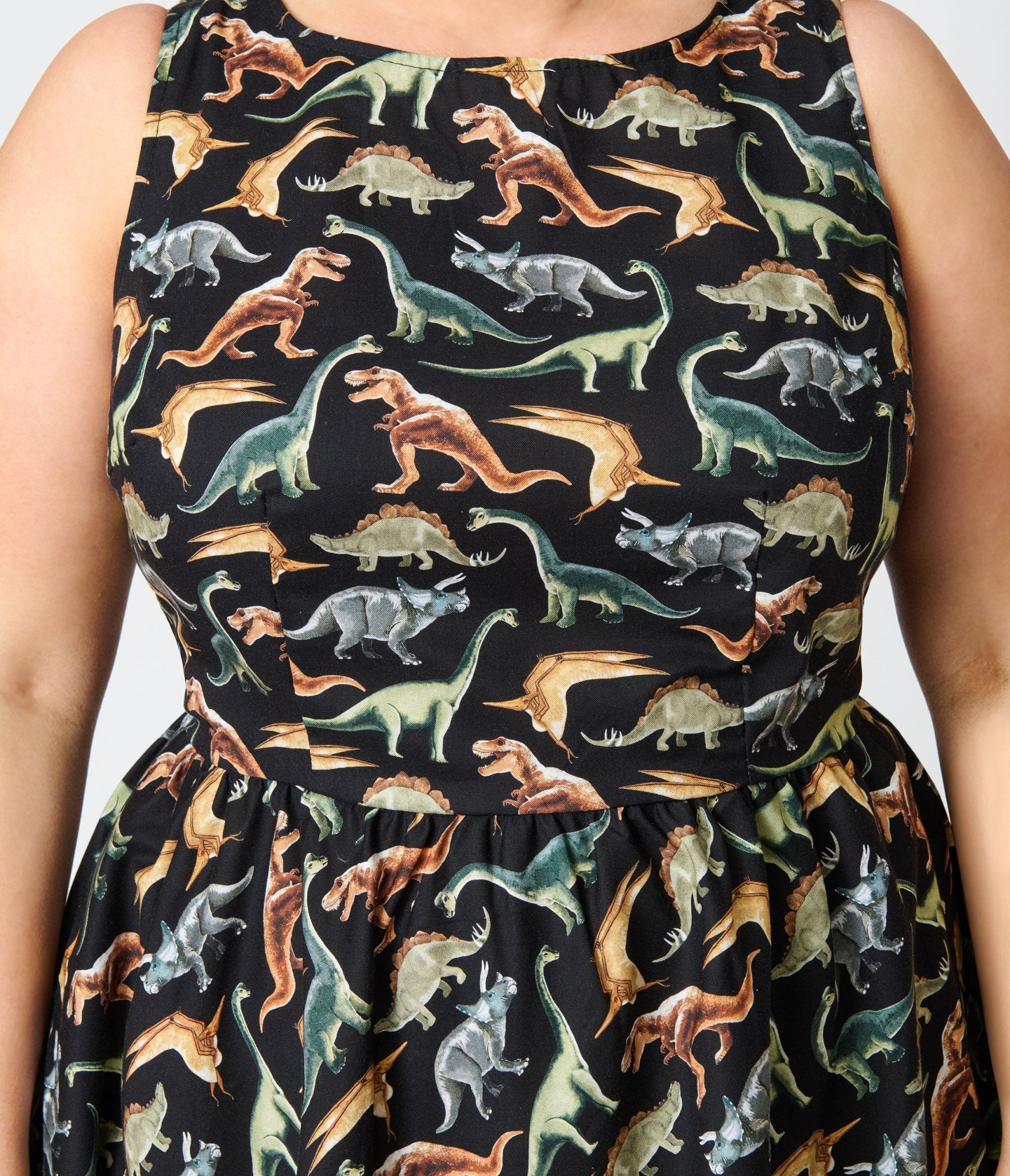 Retrolicious Plus Size Black & Dinosaur Print Cotton Flare Dress - Unique Vintage - Womens, DRESSES, MIDI