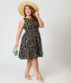 Retrolicious Plus Size Black & Dinosaur Print Cotton Flare Dress - Unique Vintage - Womens, DRESSES, MIDI