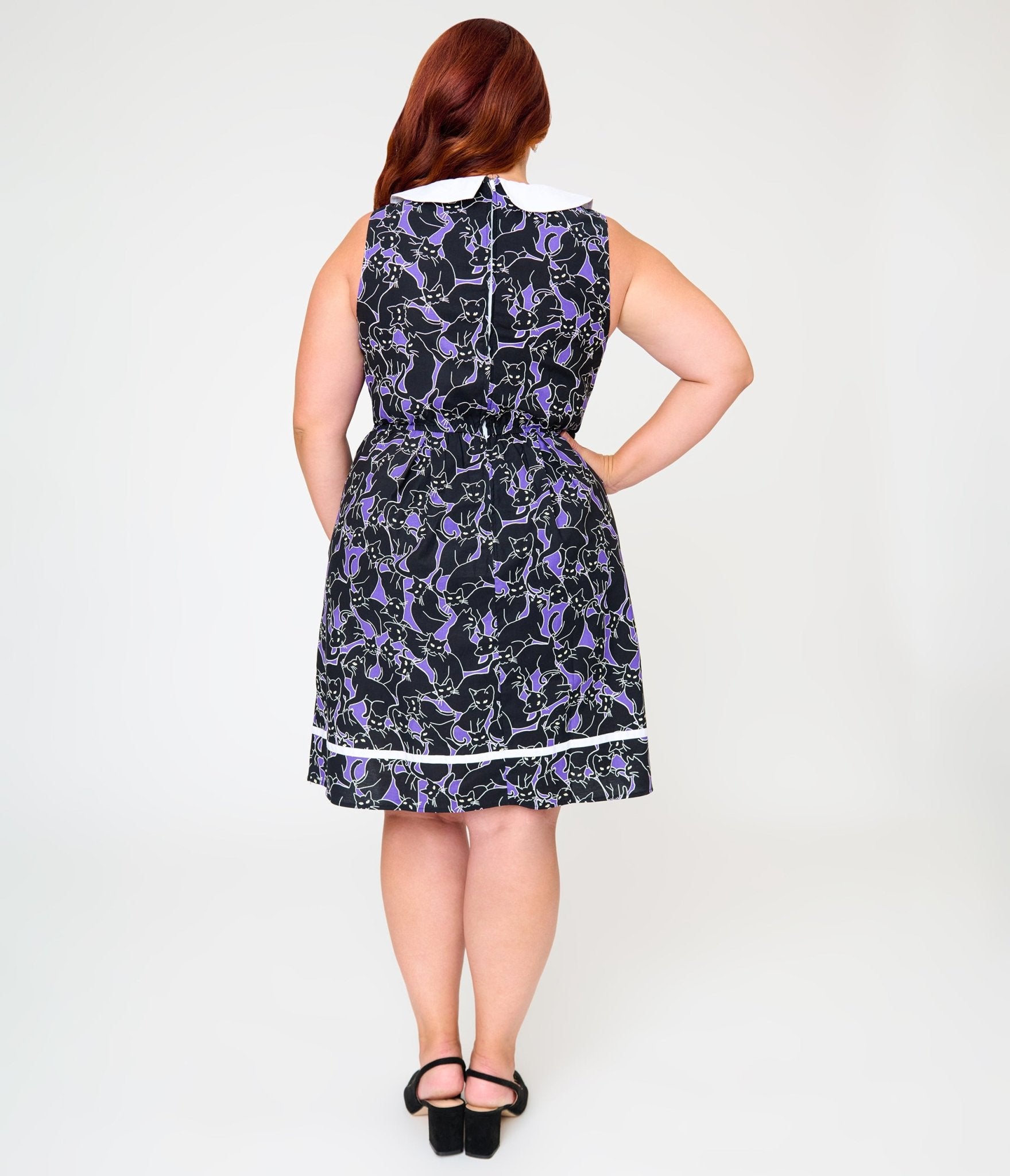 Retrolicious Plus Size Black Glow-in-the-Dark Cat Print Collared Dress - Unique Vintage - Womens, DRESSES, SWING