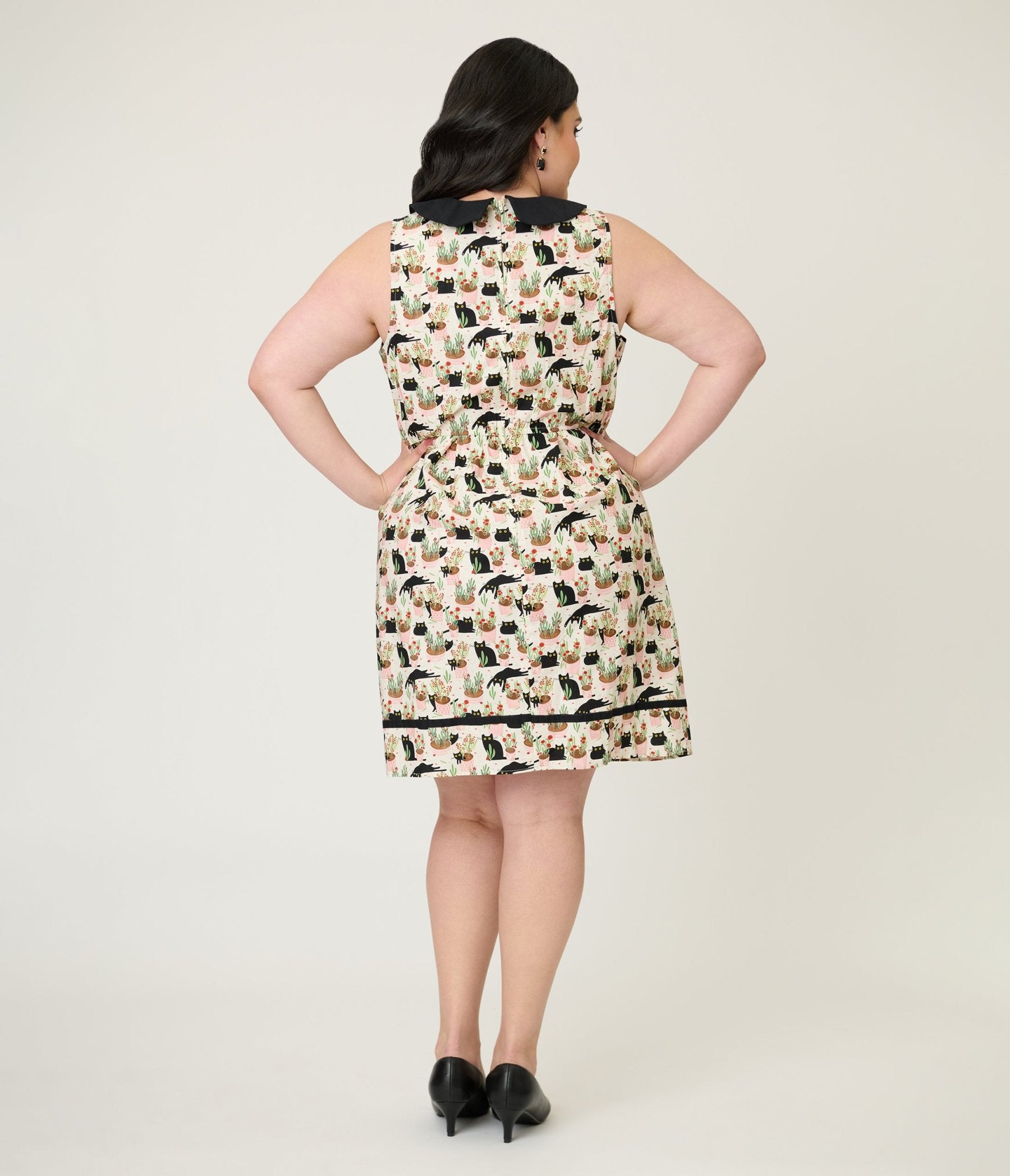 Retrolicious Plus Size Blacks Cats & Plants Fit & Flare Dress - Unique Vintage - Womens, DRESSES, A - LINE