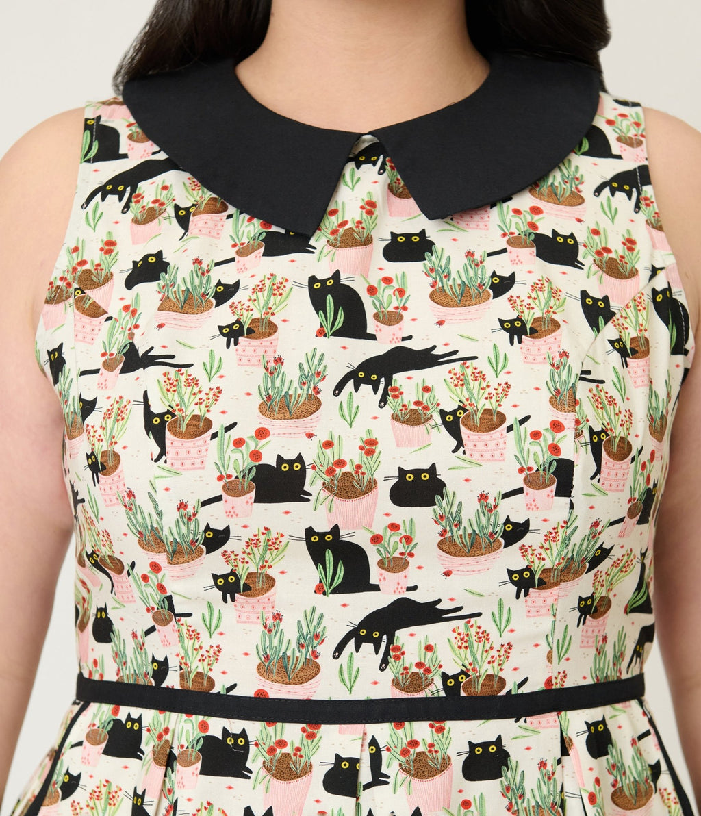 Retrolicious Plus Size Blacks Cats & Plants Fit & Flare Dress - Unique Vintage - Womens, DRESSES, A - LINE