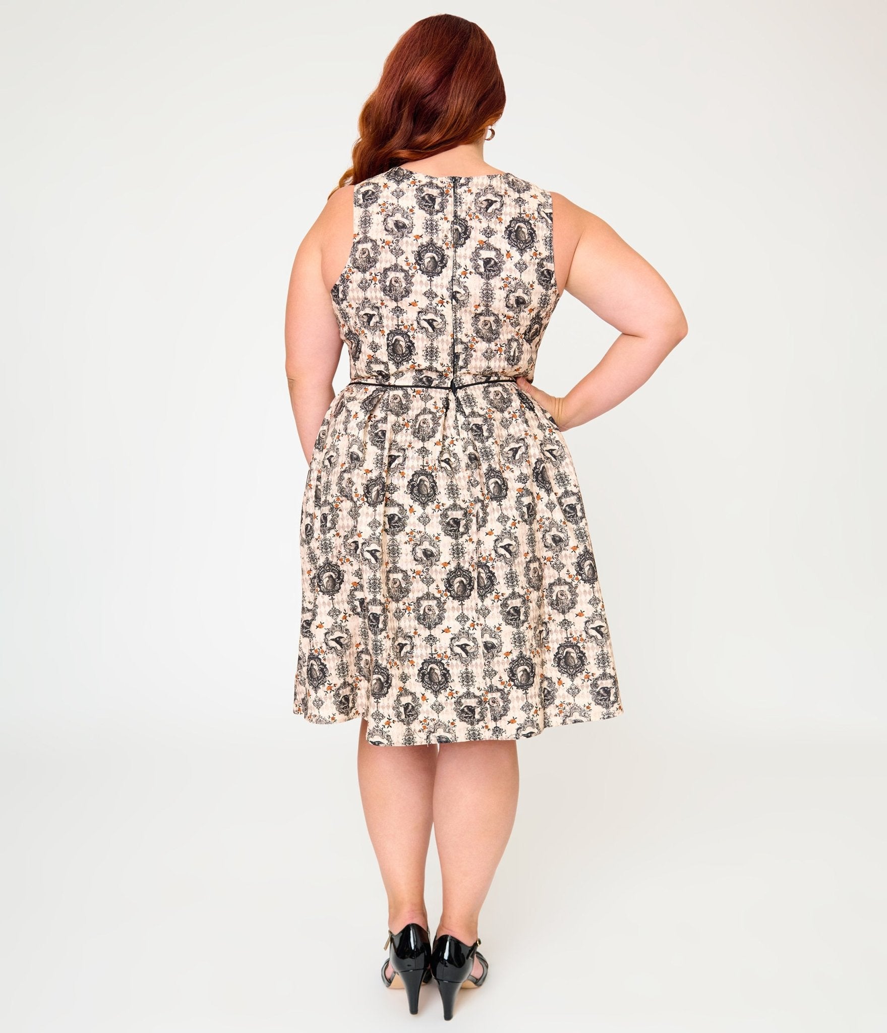 Retrolicious Plus Size Cream & Bird Print Cotton Elizabeth Dress - Unique Vintage - Womens, DRESSES, MIDI