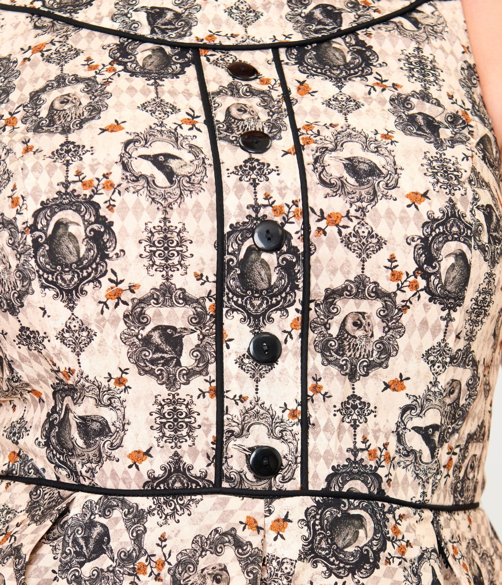 Retrolicious Plus Size Cream & Bird Print Cotton Elizabeth Dress - Unique Vintage - Womens, DRESSES, MIDI