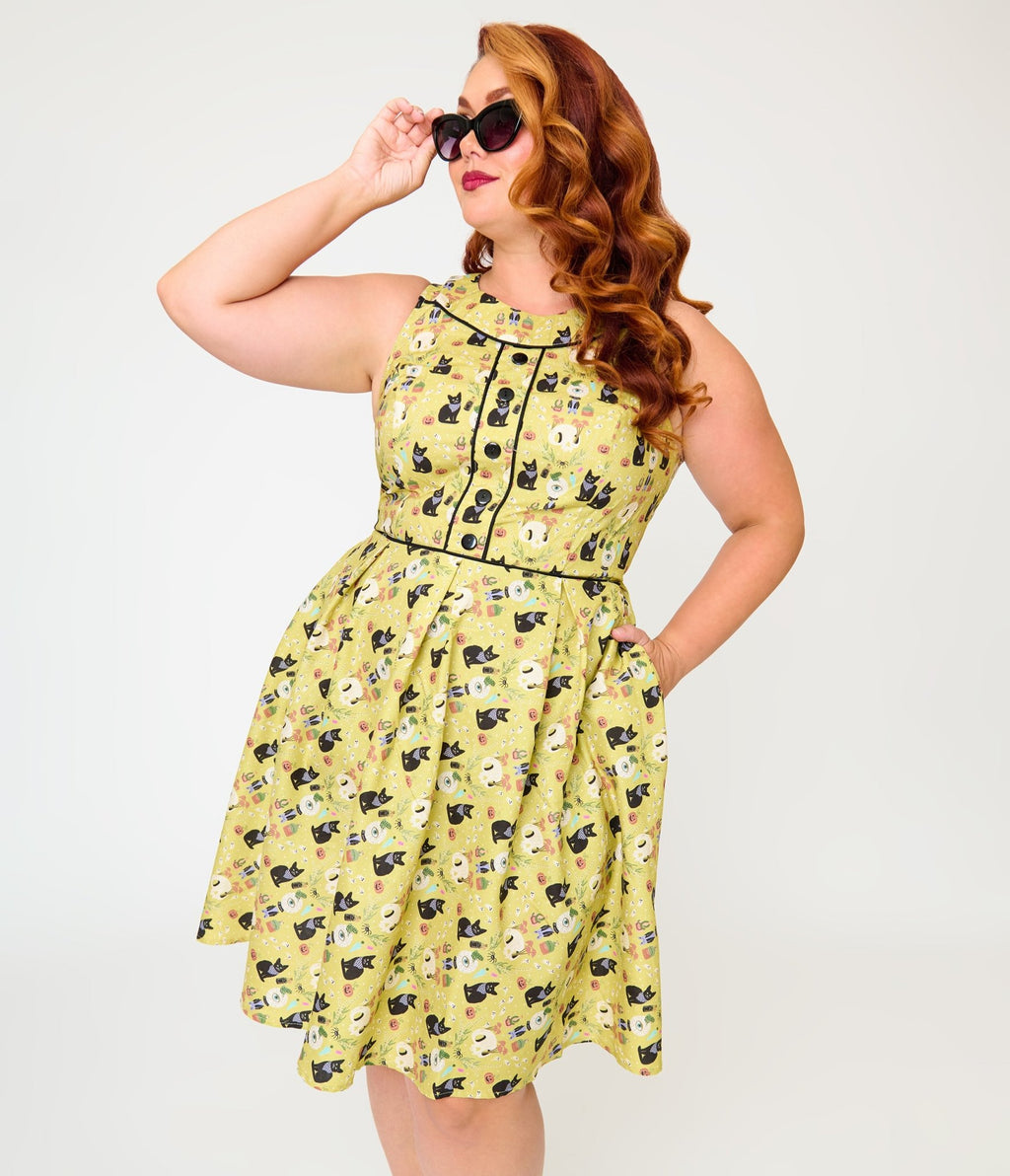 Retrolicious Plus Size Mystical Cats Elizabeth Dress - Unique Vintage - Womens, DRESSES, SWING