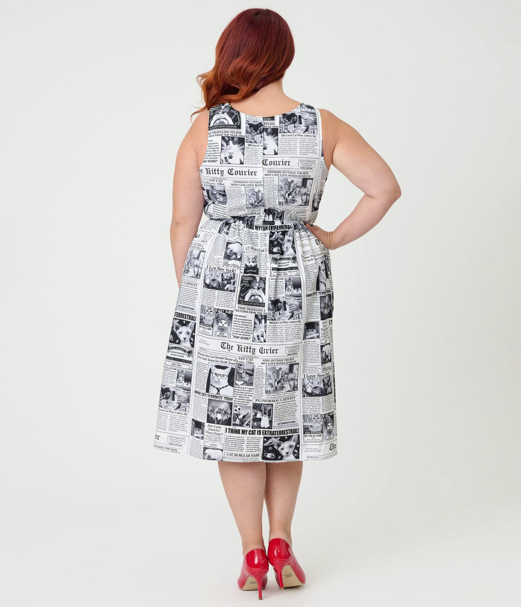 Retrolicious Plus Size Newspaper Print Cotton Flare Dress - Unique Vintage - Womens, DRESSES, SWING