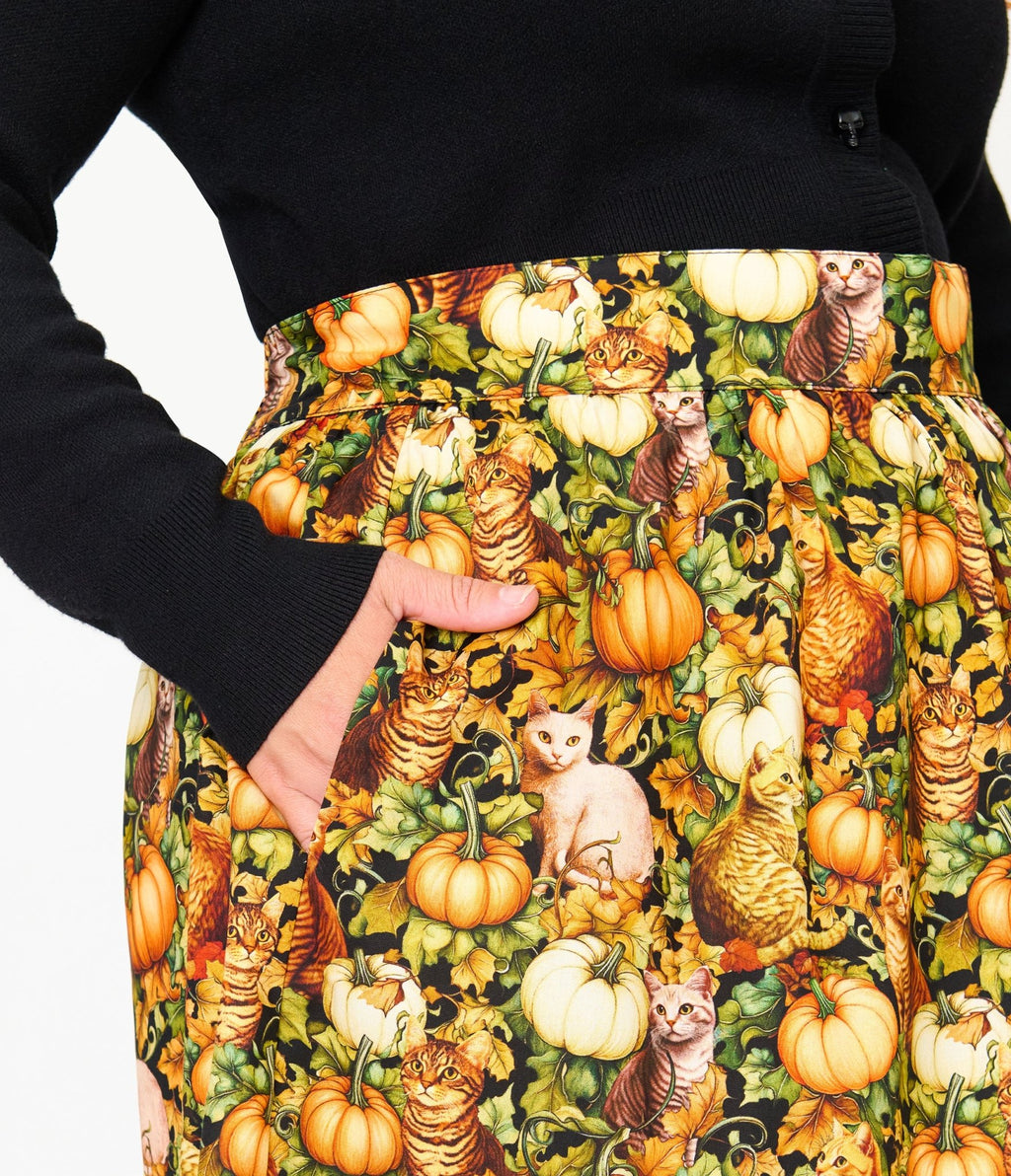 Retrolicious Plus Size Orange Cats & Pumpkins Skater Skirt - Unique Vintage - Fit & Flare Skirts