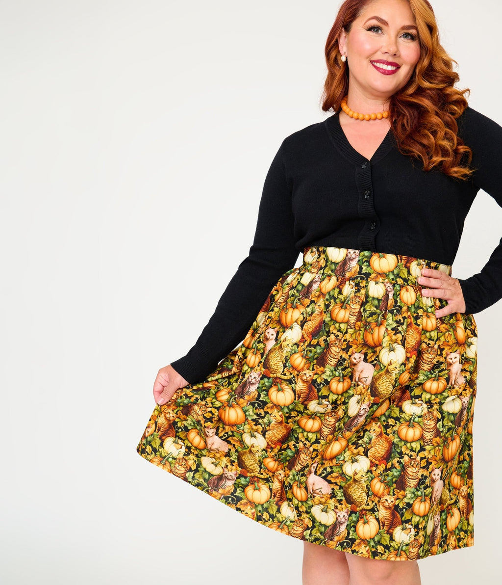 Retrolicious Plus Size Orange Cats & Pumpkins Skater Skirt - Unique Vintage - Fit & Flare Skirts