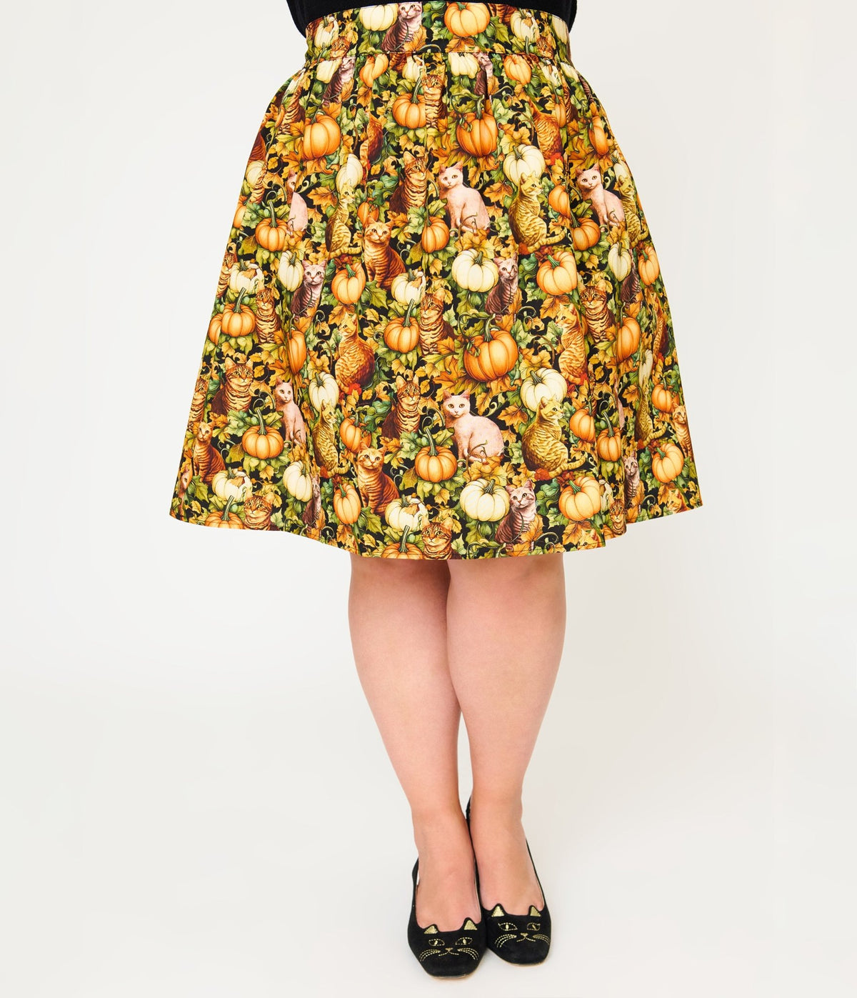Retrolicious Plus Size Orange Cats & Pumpkins Skater Skirt - Unique Vintage - Fit & Flare Skirts