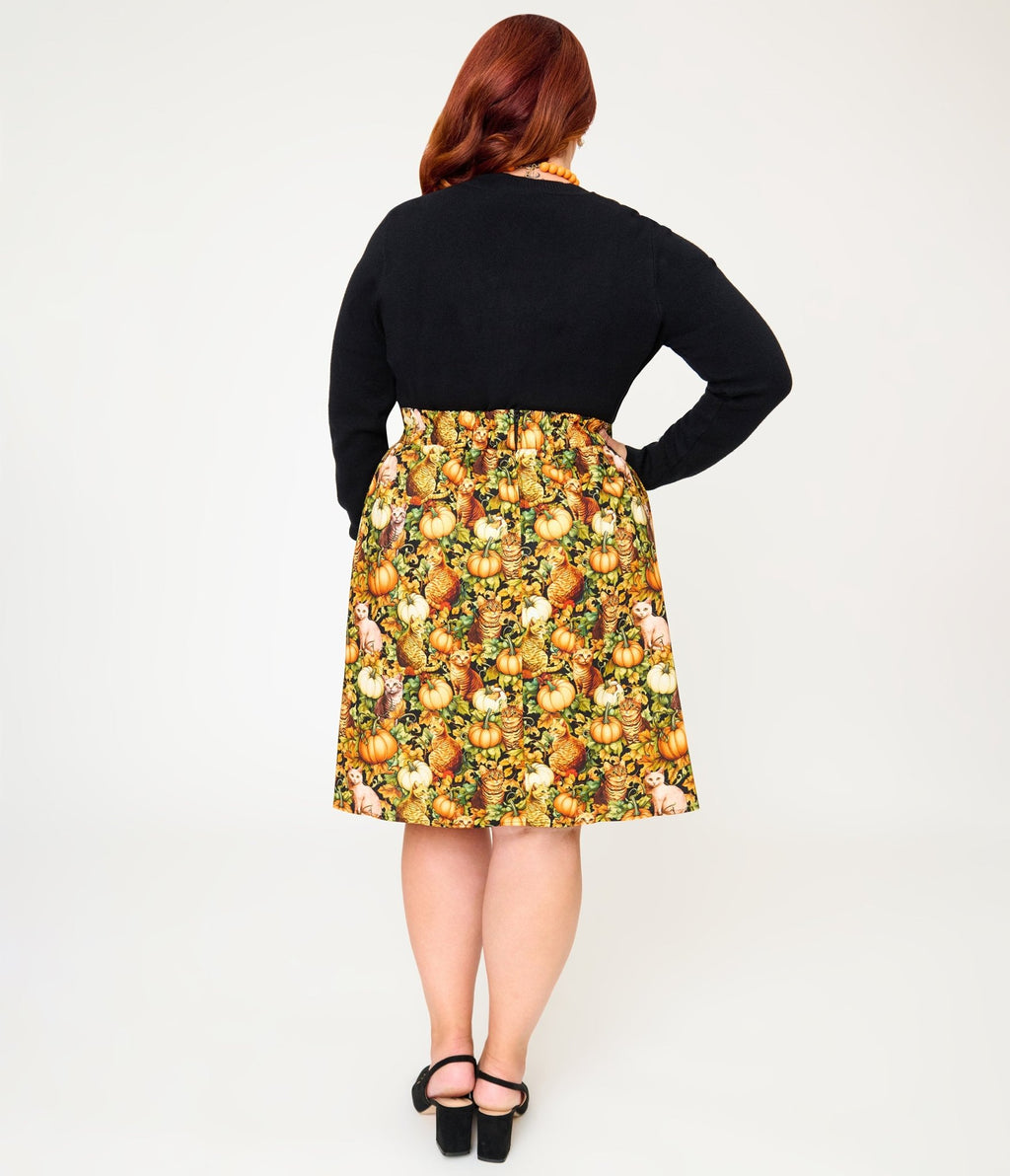 Retrolicious Plus Size Orange Cats & Pumpkins Skater Skirt - Unique Vintage - Fit & Flare Skirts