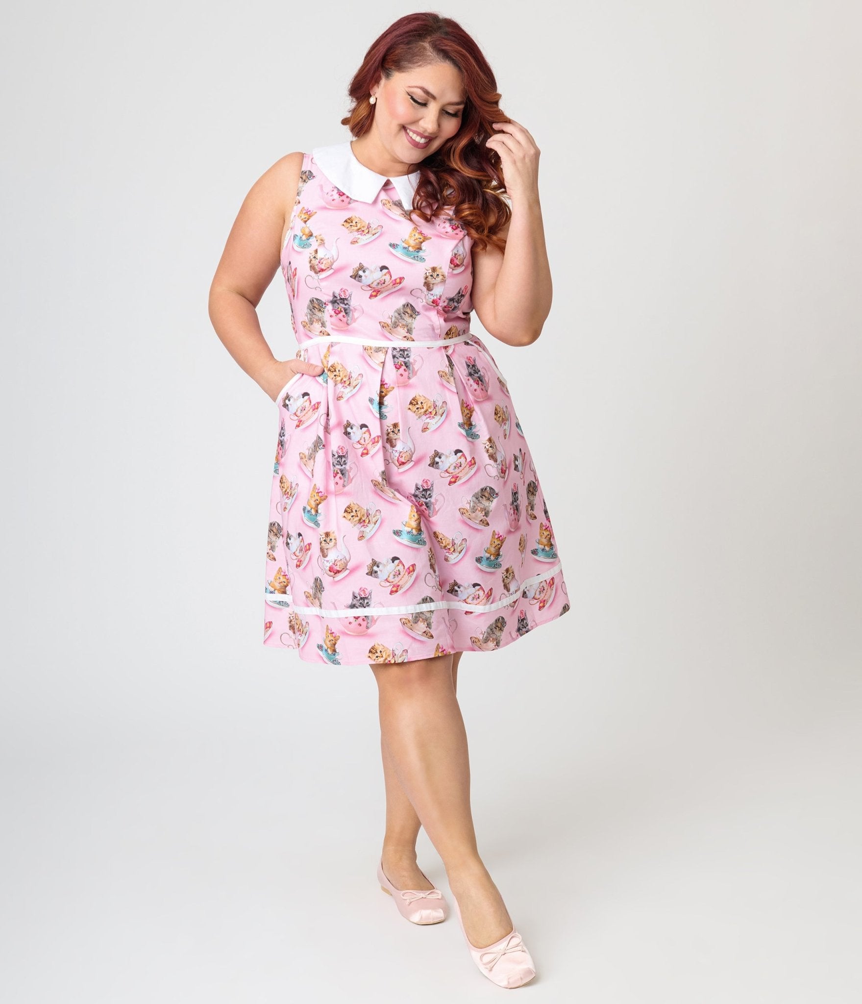 Retrolicious Plus Size Pink Cats & Teacups Cotton Collared Dress – Unique  Vintage