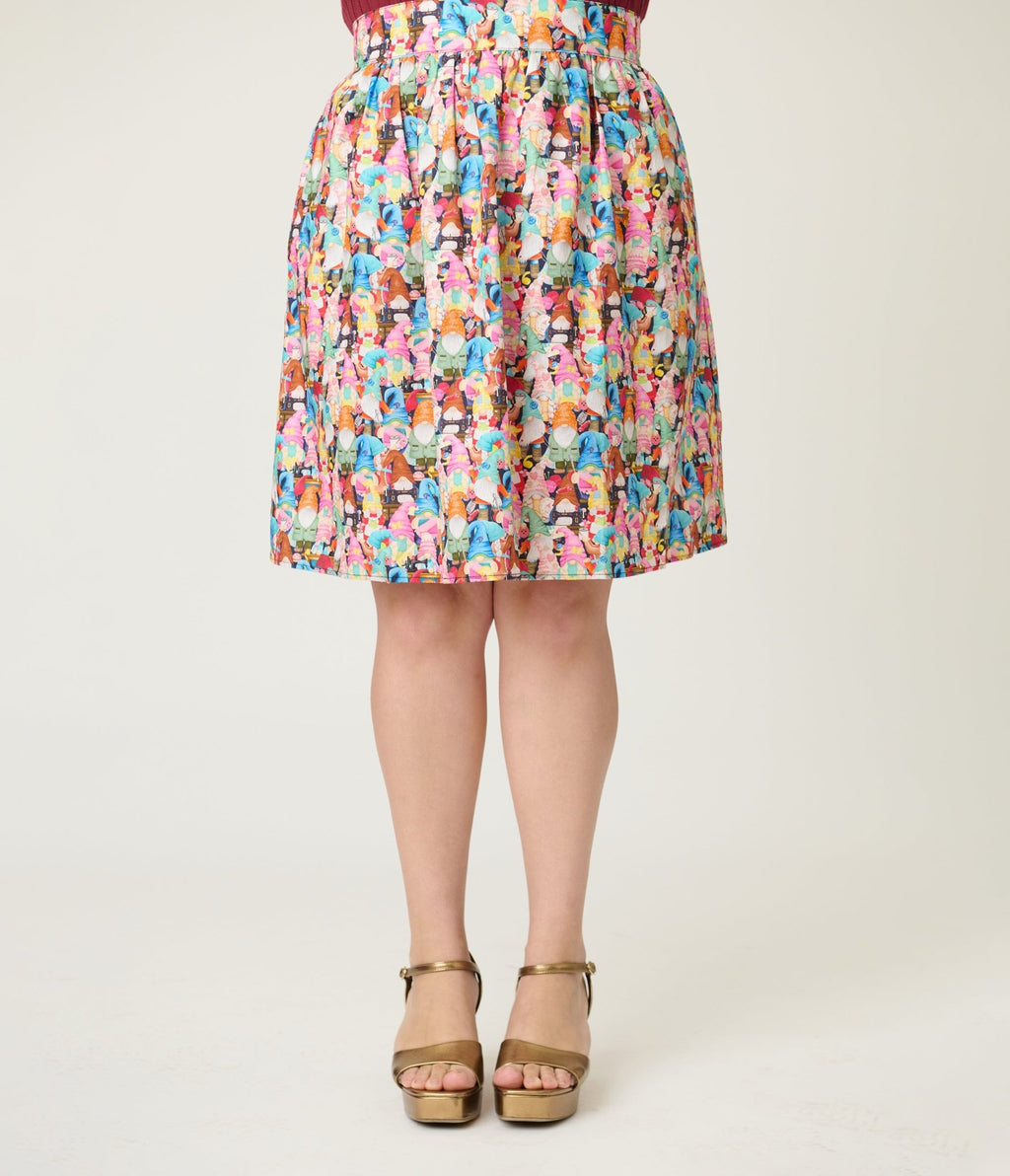Retrolicious Plus Size Rainbow Sewing Gnomes Cotton Skater Skirt - Unique Vintage - Womens, BOTTOMS, SKIRTS