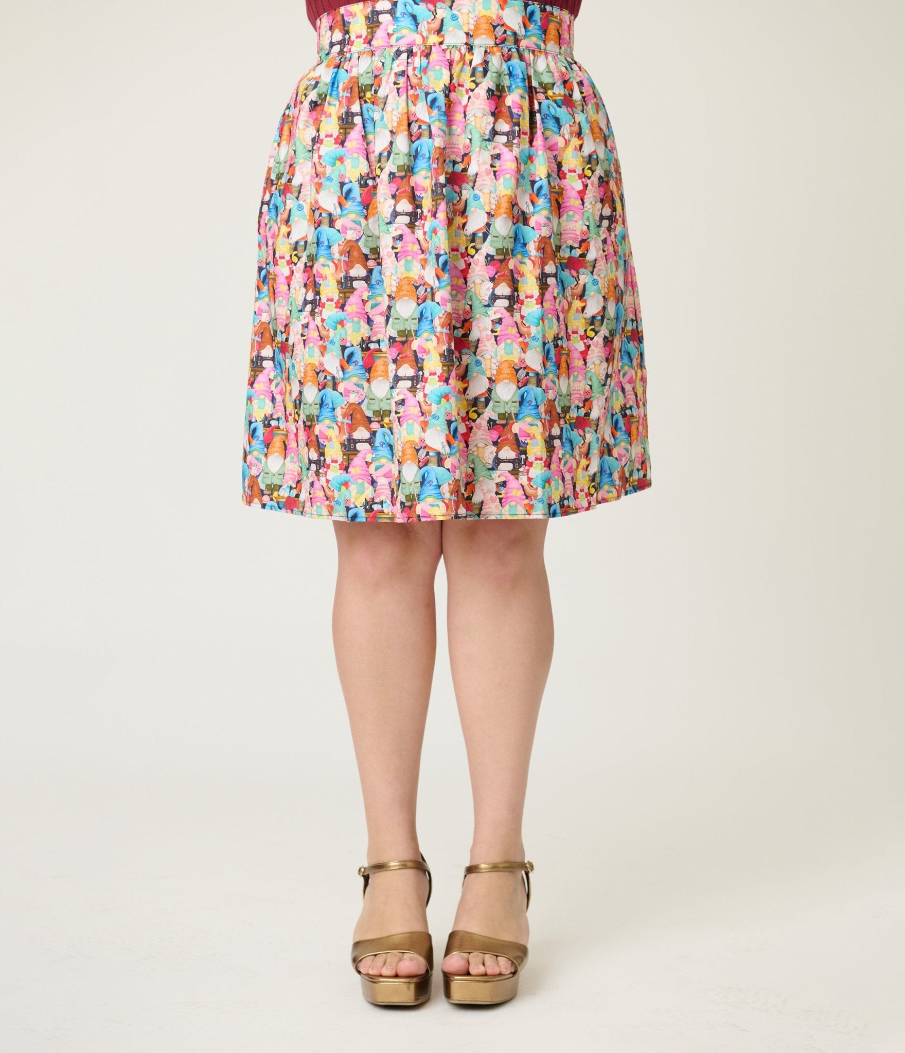 Retrolicious Plus Size Rainbow Sewing Gnomes Cotton Skater Skirt - Unique Vintage - Womens, BOTTOMS, SKIRTS