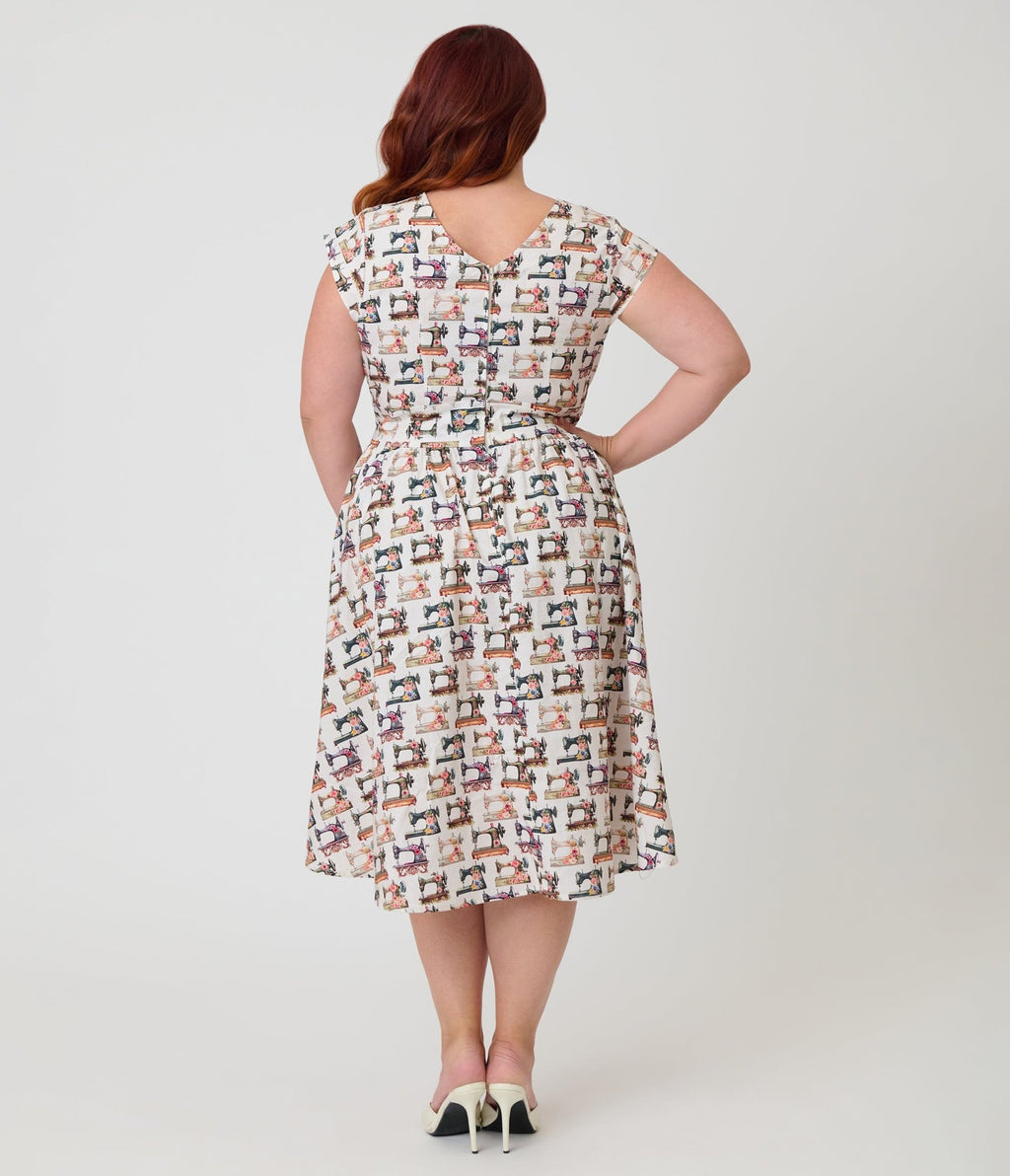 Retrolicious Plus Size Sewing Machine Print Greta Swing Dress - Unique Vintage - Womens, DRESSES, SWING
