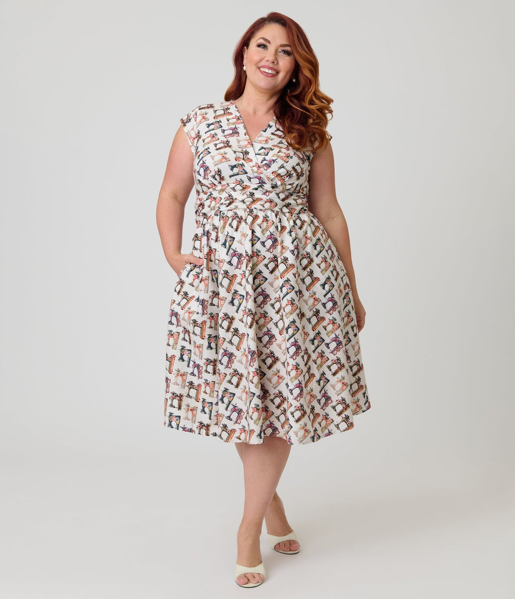Retrolicious Plus Size Sewing Machine Print Greta Swing Dress - Unique Vintage - Womens, DRESSES, SWING