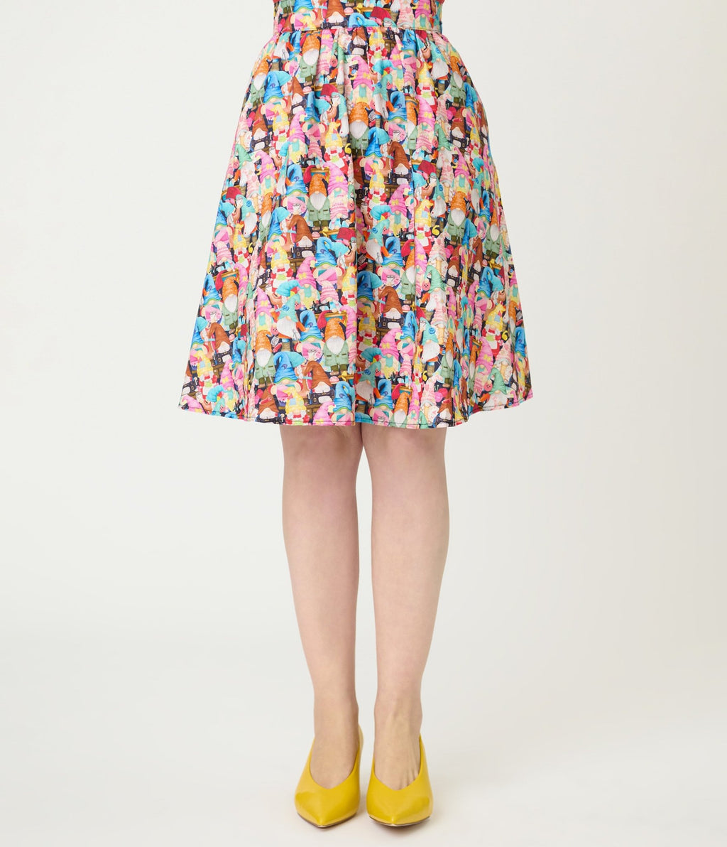 Retrolicious Rainbow Sewing Gnomes Cotton Skater Skirt - Unique Vintage - Womens, BOTTOMS, SKIRTS