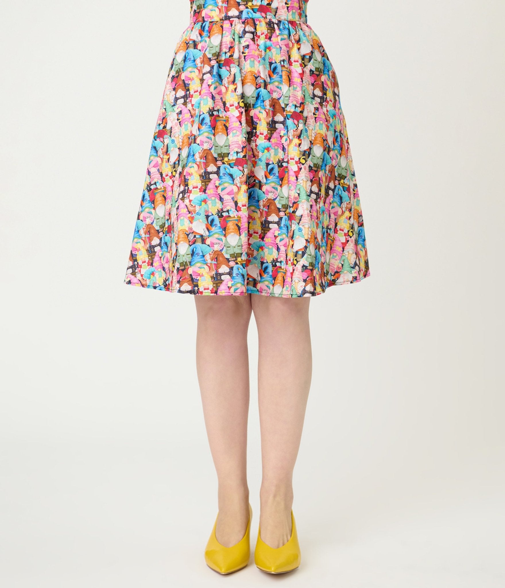 Retrolicious Rainbow Sewing Gnomes Cotton Skater Skirt - Unique Vintage - Womens, BOTTOMS, SKIRTS