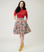 Retrolicious Rainbow Sewing Gnomes Cotton Skater Skirt - Unique Vintage - Womens, BOTTOMS, SKIRTS