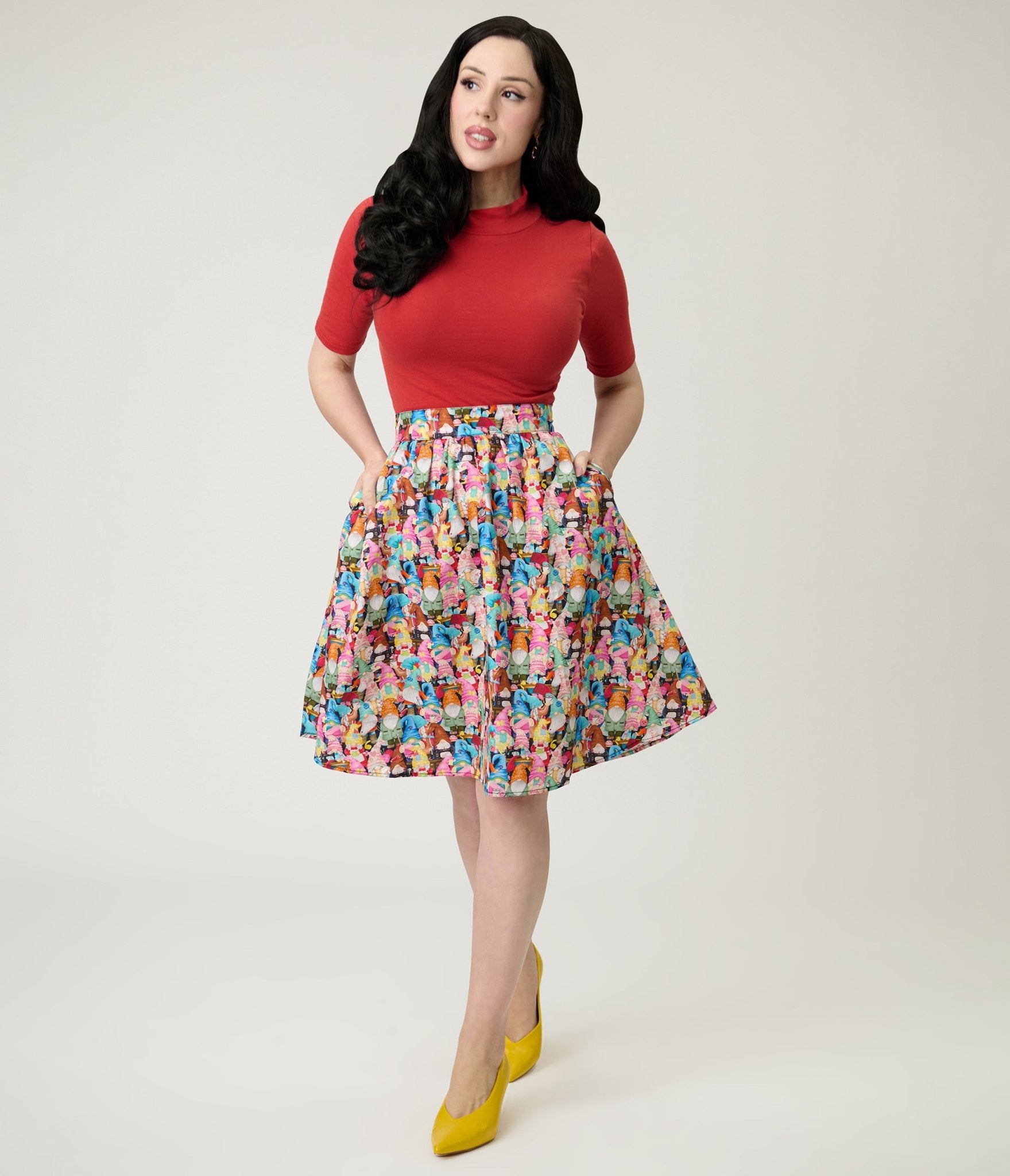 Retrolicious Rainbow Sewing Gnomes Cotton Skater Skirt - Unique Vintage - Womens, BOTTOMS, SKIRTS