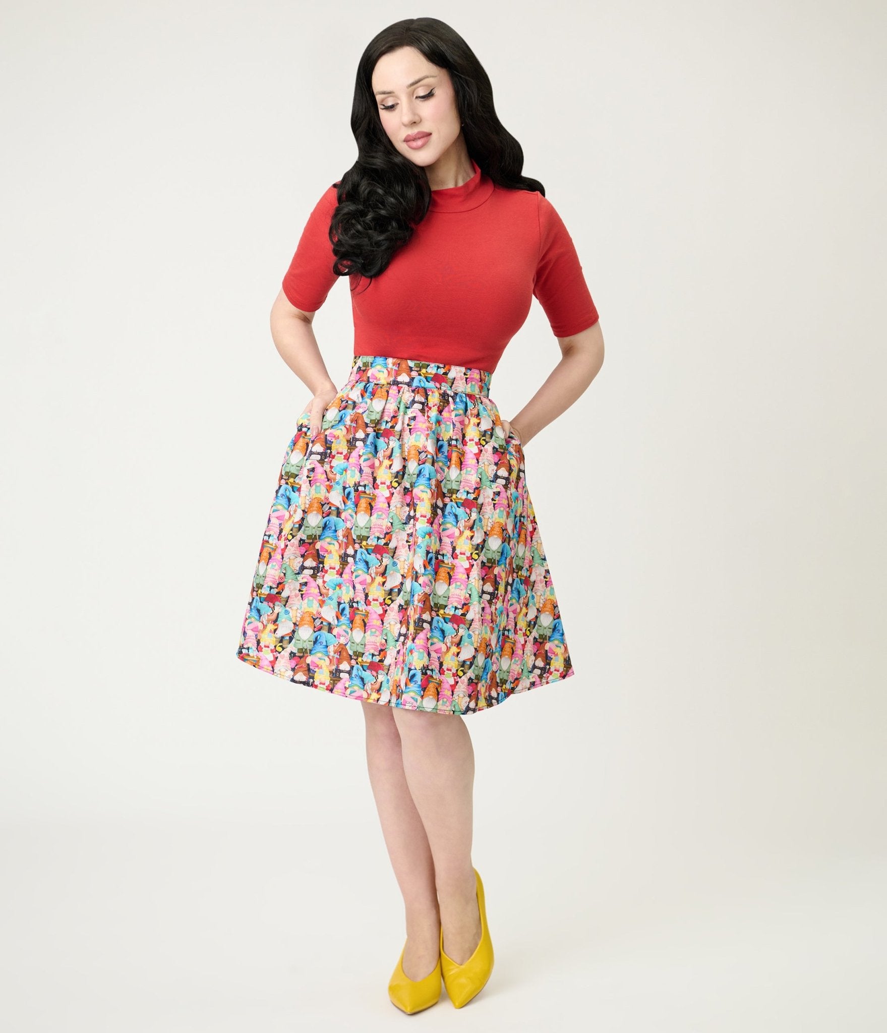 Retrolicious Rainbow Sewing Gnomes Cotton Skater Skirt - Unique Vintage - Womens, BOTTOMS, SKIRTS