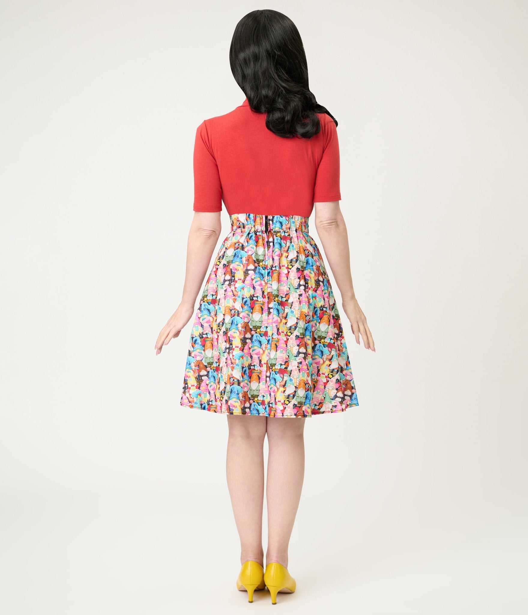 Retrolicious Rainbow Sewing Gnomes Cotton Skater Skirt - Unique Vintage - Womens, BOTTOMS, SKIRTS