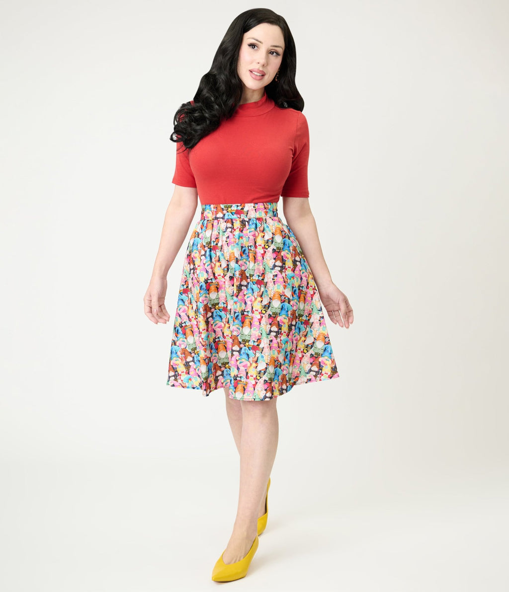 Retrolicious Rainbow Sewing Gnomes Cotton Skater Skirt - Unique Vintage - Womens, BOTTOMS, SKIRTS