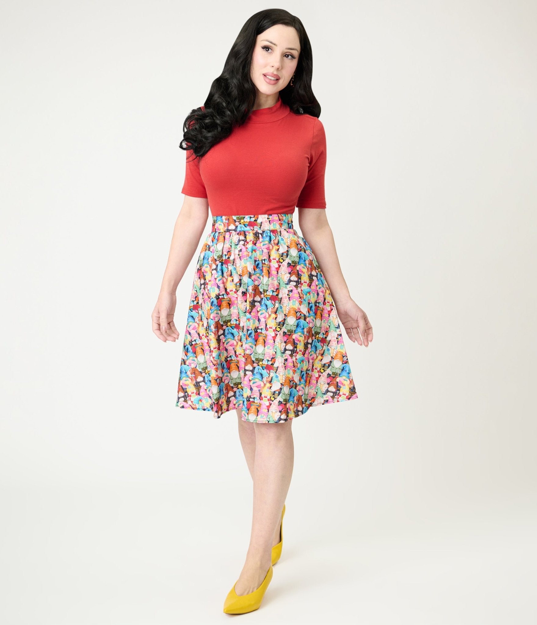 Retrolicious Rainbow Sewing Gnomes Cotton Skater Skirt - Unique Vintage - Womens, BOTTOMS, SKIRTS