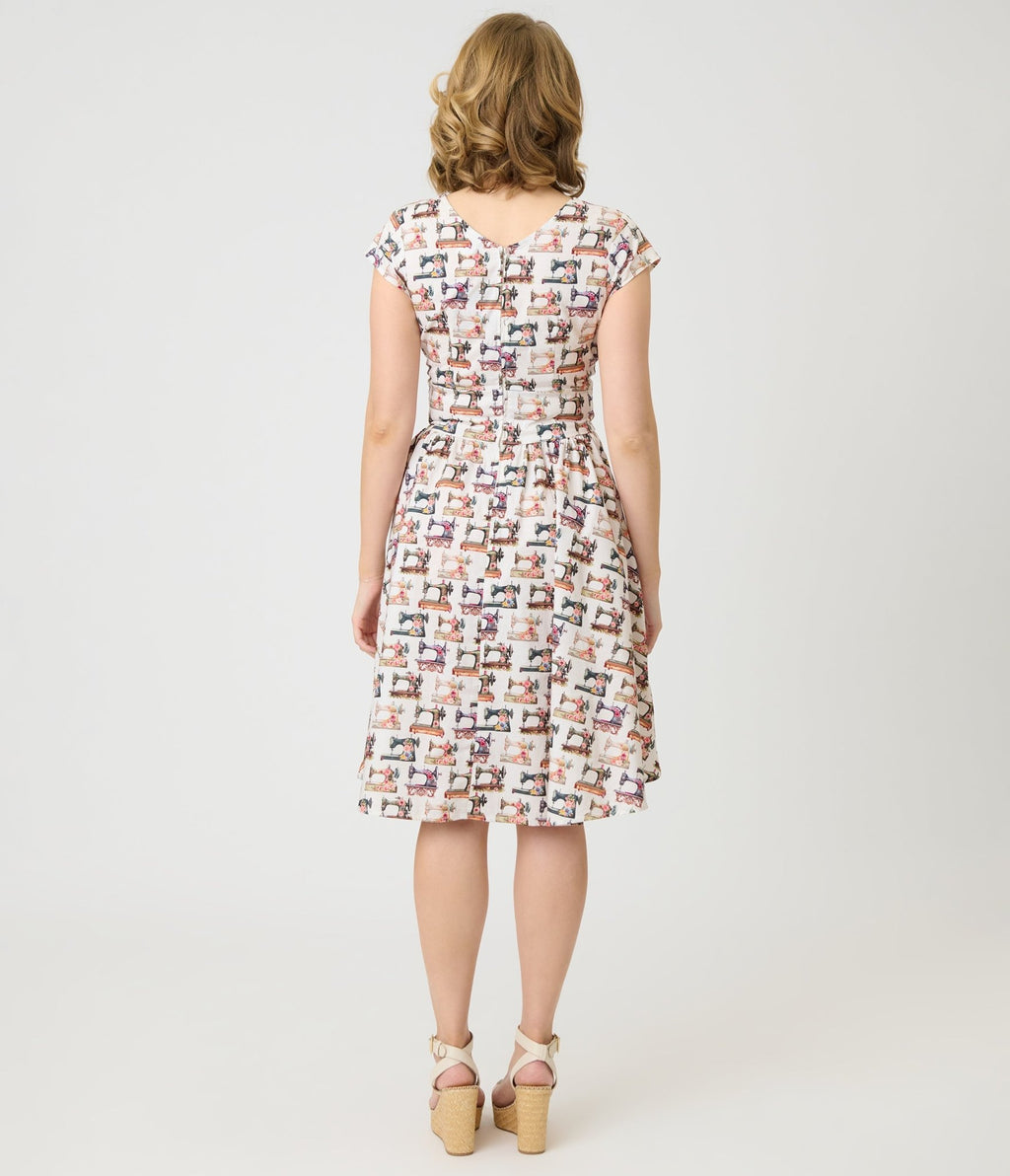 Retrolicious Sewing Machine Print Greta Swing Dress - Unique Vintage - Womens, DRESSES, SWING