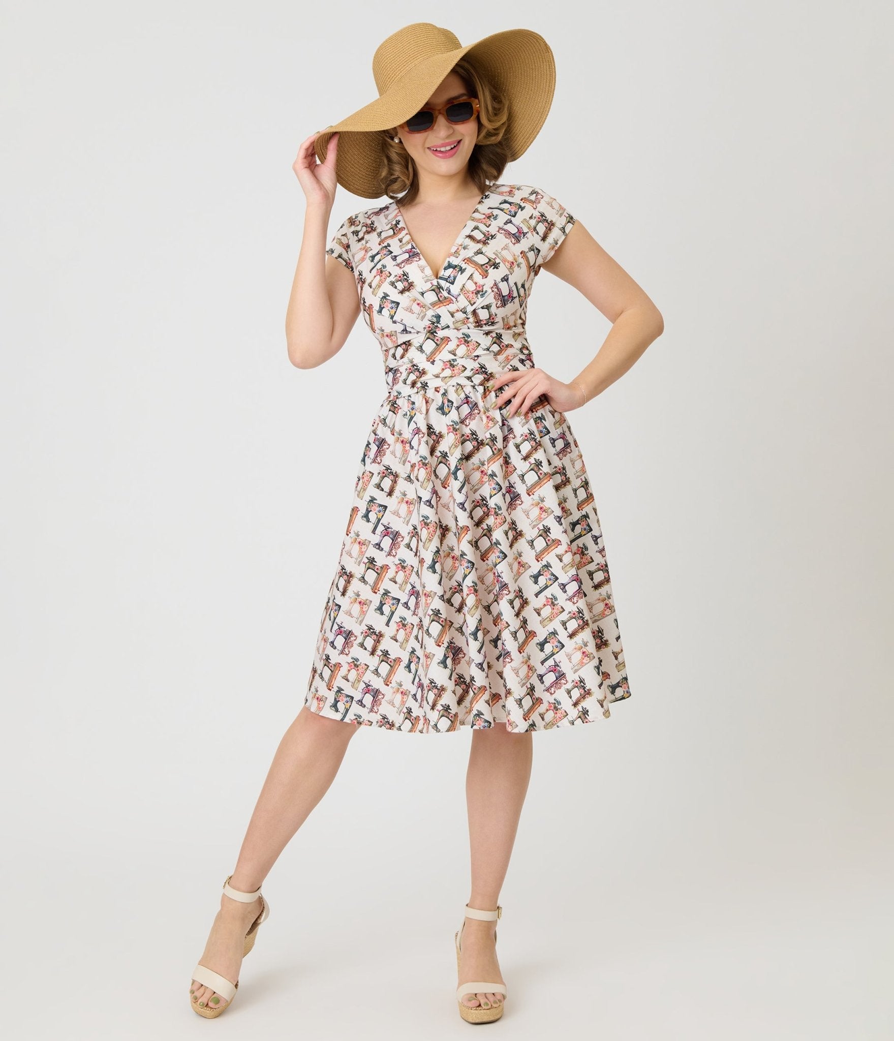 Retrolicious Sewing Machine Print Greta Swing Dress - Unique Vintage - Womens, DRESSES, SWING