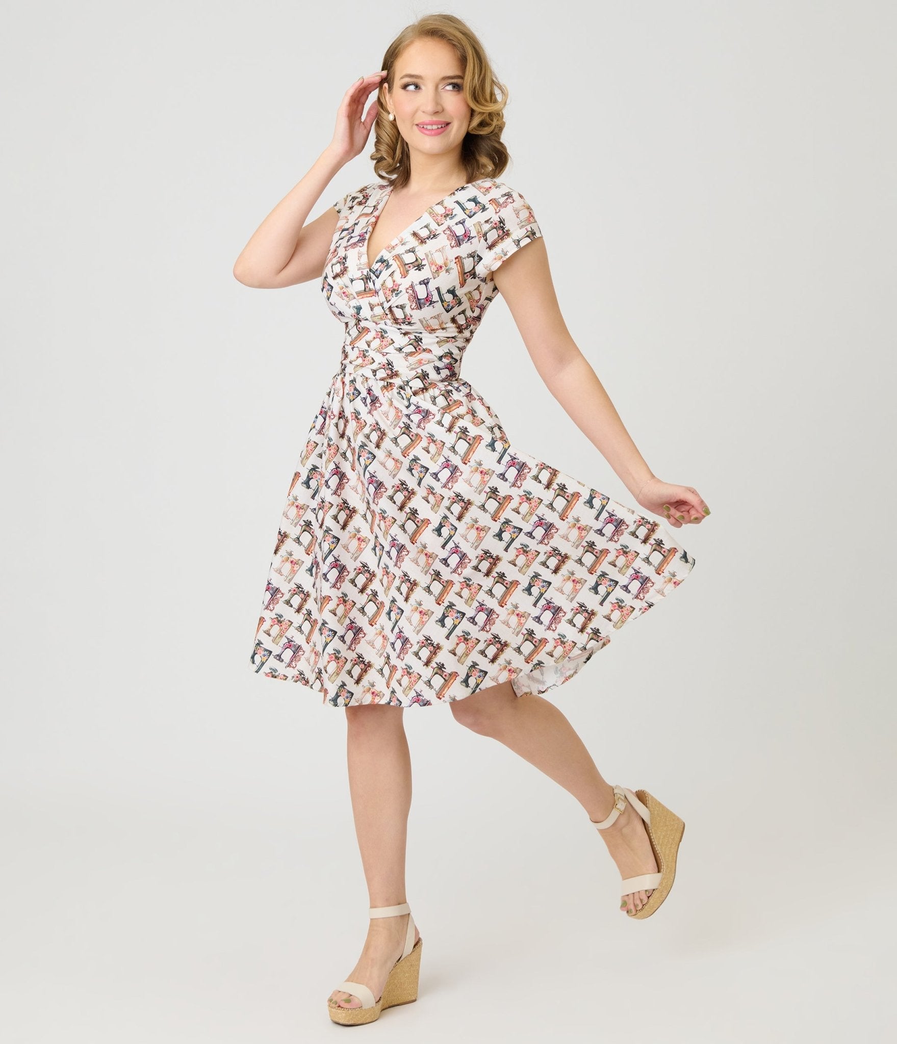 Retrolicious Sewing Machine Print Greta Swing Dress - Unique Vintage - Womens, DRESSES, SWING