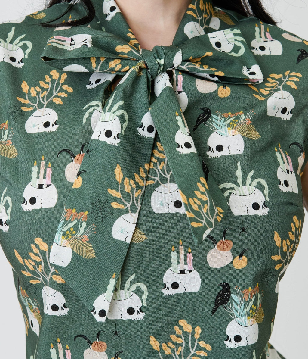 Retrolicious Skulls & Candles Cotton Bow Top - Unique Vintage - Womens, TOPS, SHIRTS