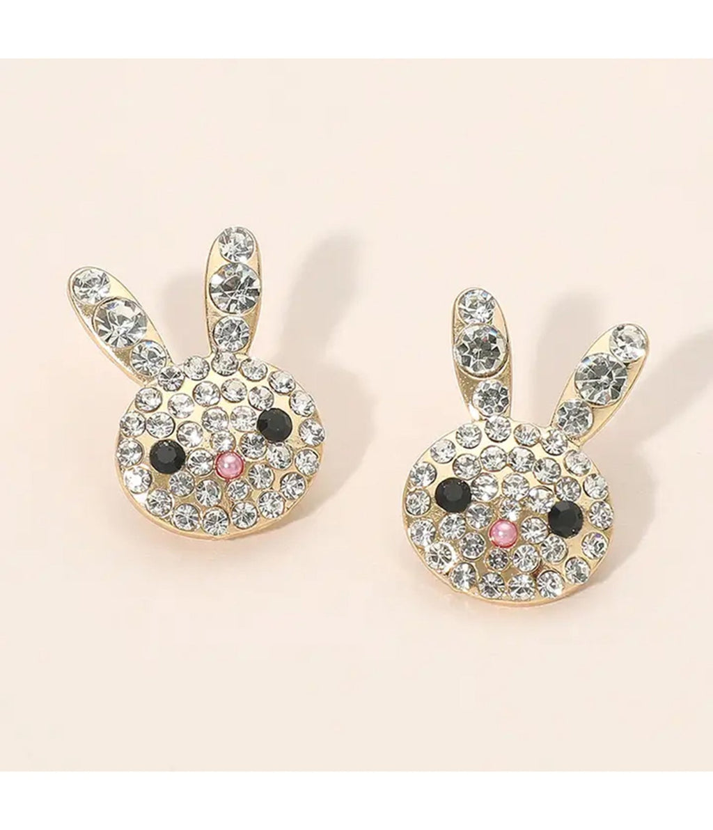 Rhinestone Bunny Face Stud Earrings - Unique Vintage - Womens, ACCESSORIES, JEWELRY