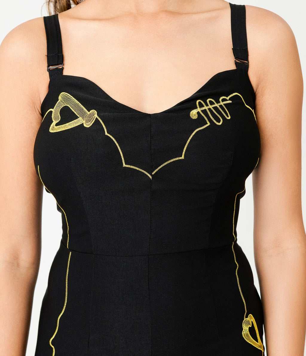 Rockin Bettie Black & Gold Rock & Roll Chelada Jumpsuit - Unique Vintage - Womens, BOTTOMS, ROMPERS AND JUMPSUITS