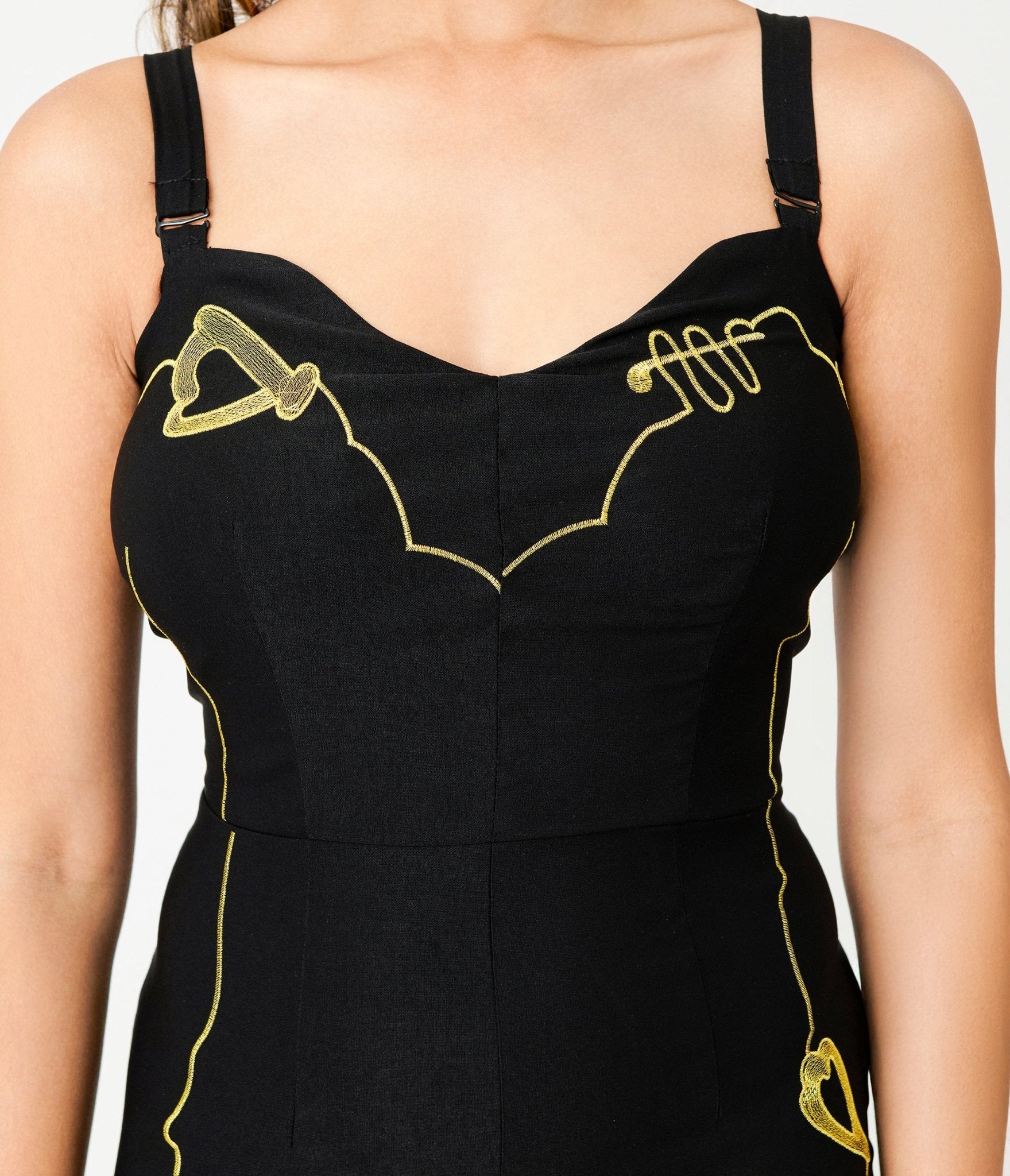 Rockin Bettie Black & Gold Rock & Roll Chelada Jumpsuit - Unique Vintage - Womens, BOTTOMS, ROMPERS AND JUMPSUITS
