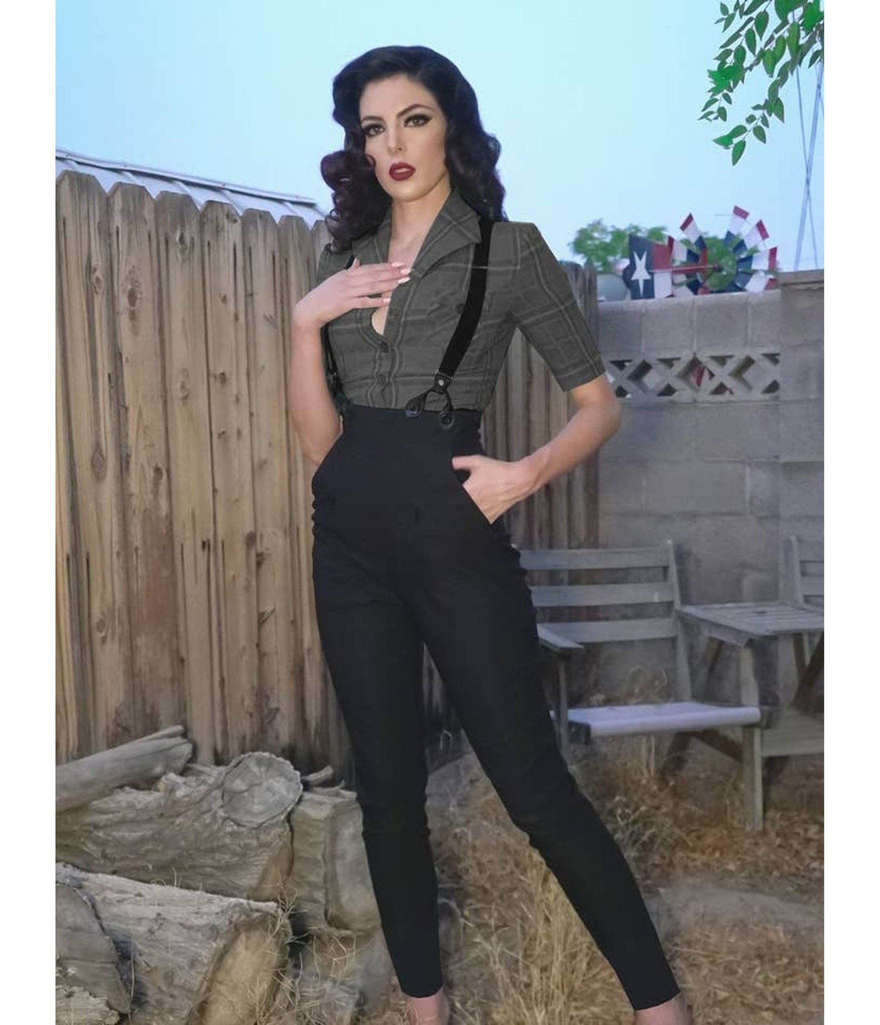 Rockin Bettie Black Whittier Suspender Pants - Unique Vintage - Womens, BOTTOMS, PANTS