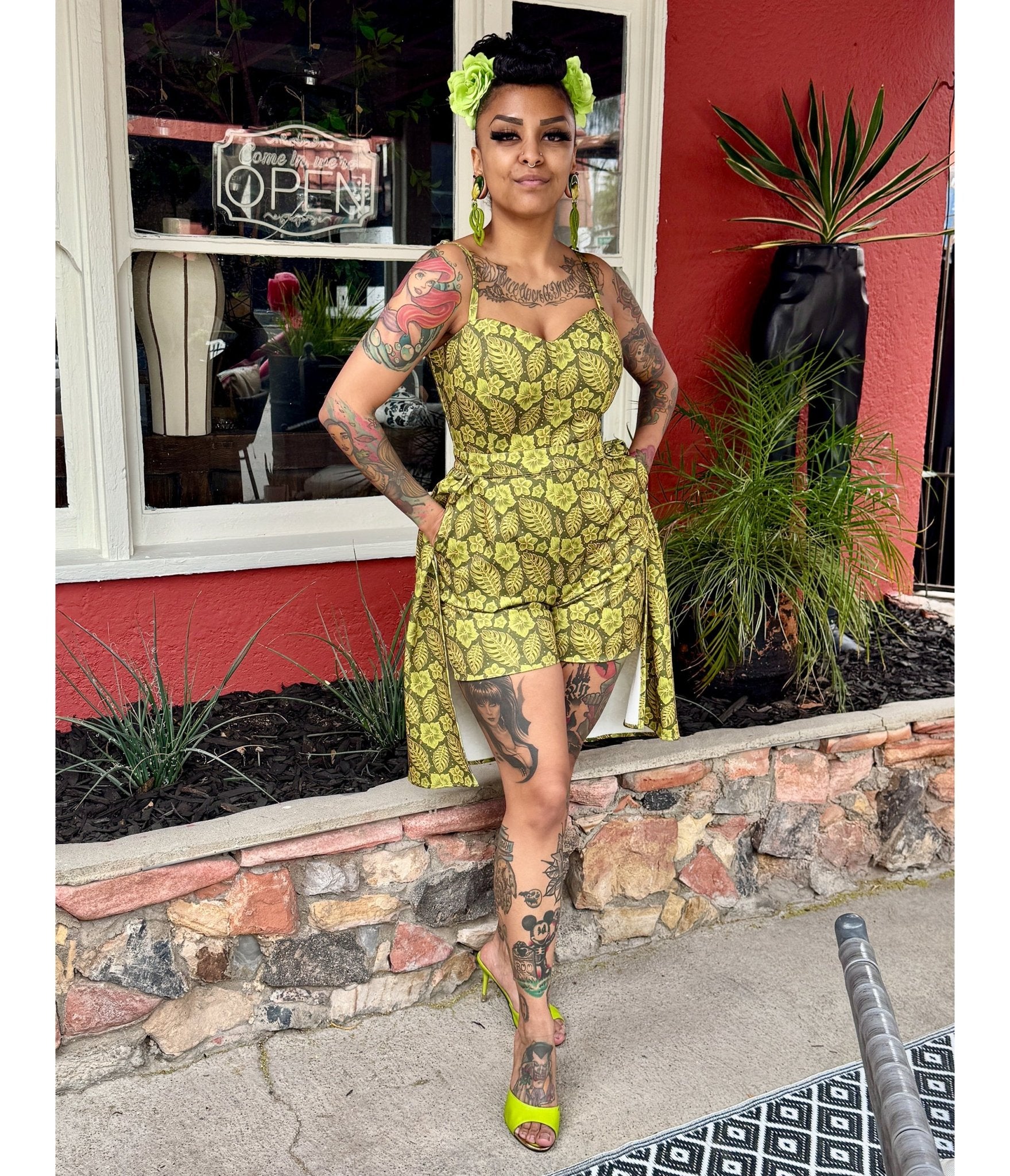 Rockin Bettie Lime Green Tiki Romper - Unique Vintage - Womens, BOTTOMS, ROMPERS AND JUMPSUITS