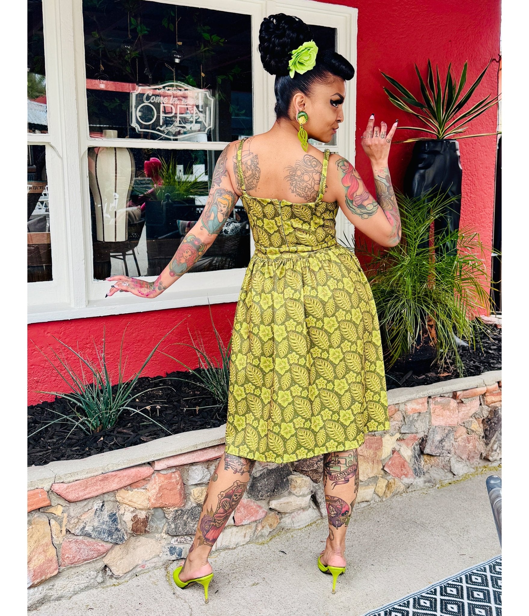 Rockin Bettie Lime Green Tiki Romper - Unique Vintage - Womens, BOTTOMS, ROMPERS AND JUMPSUITS