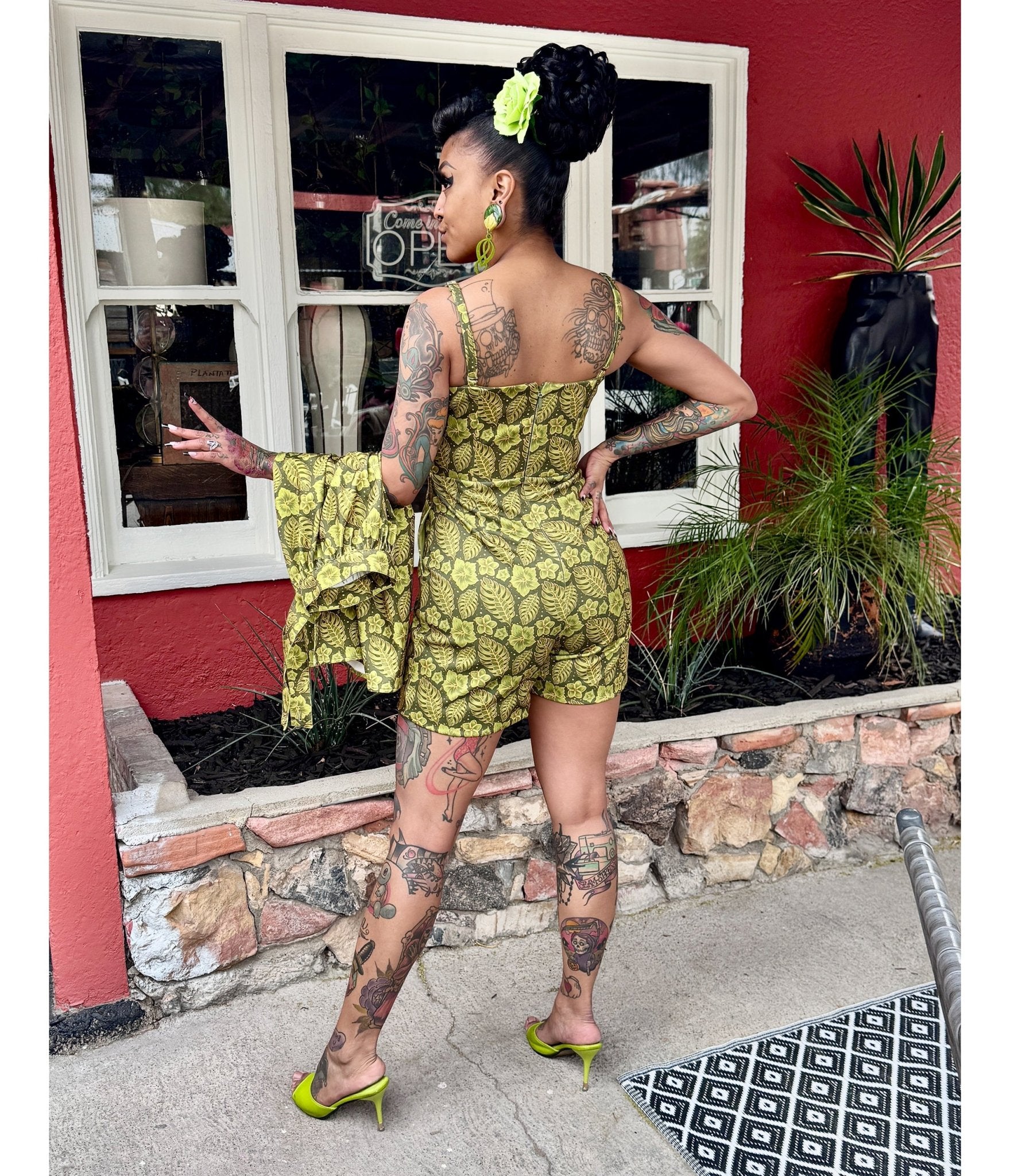 Rockin Bettie Lime Green Tiki Romper - Unique Vintage - Womens, BOTTOMS, ROMPERS AND JUMPSUITS