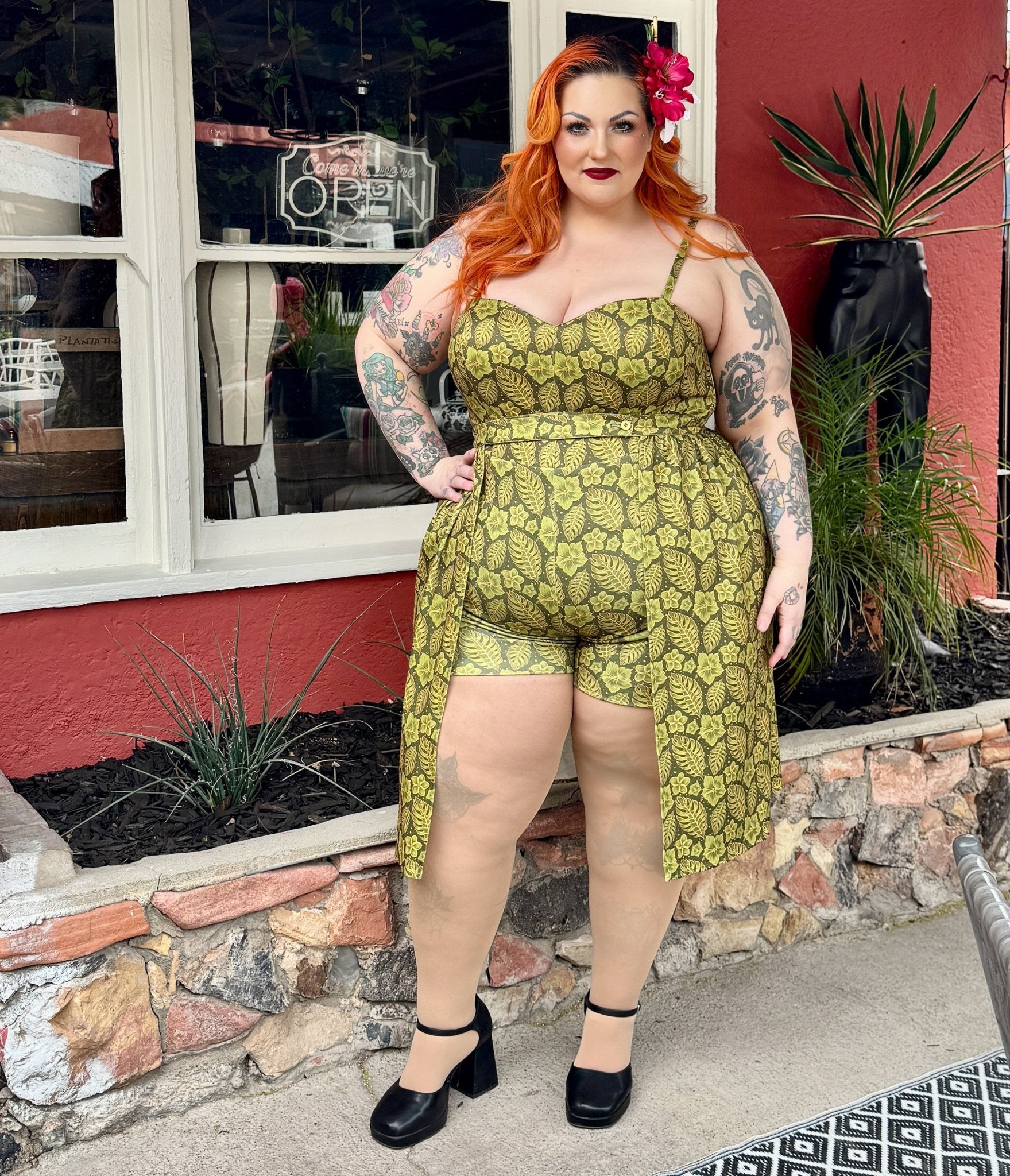 Rockin Bettie Lime Green Tiki Romper - Unique Vintage - Womens, BOTTOMS, ROMPERS AND JUMPSUITS