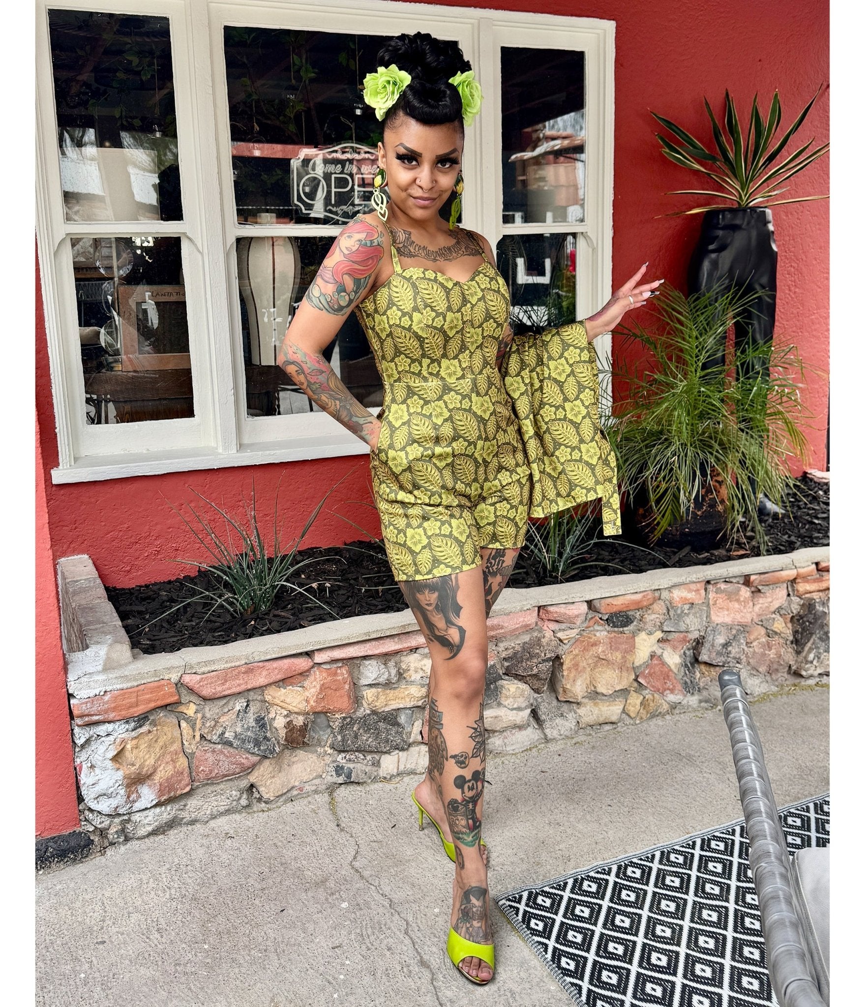 Rockin Bettie Lime Green Tiki Romper - Unique Vintage - Womens, BOTTOMS, ROMPERS AND JUMPSUITS