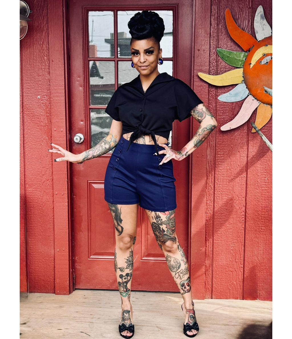 Rockin Bettie Navy High Waist Shorts - Unique Vintage - Womens, BOTTOMS, SHORTS
