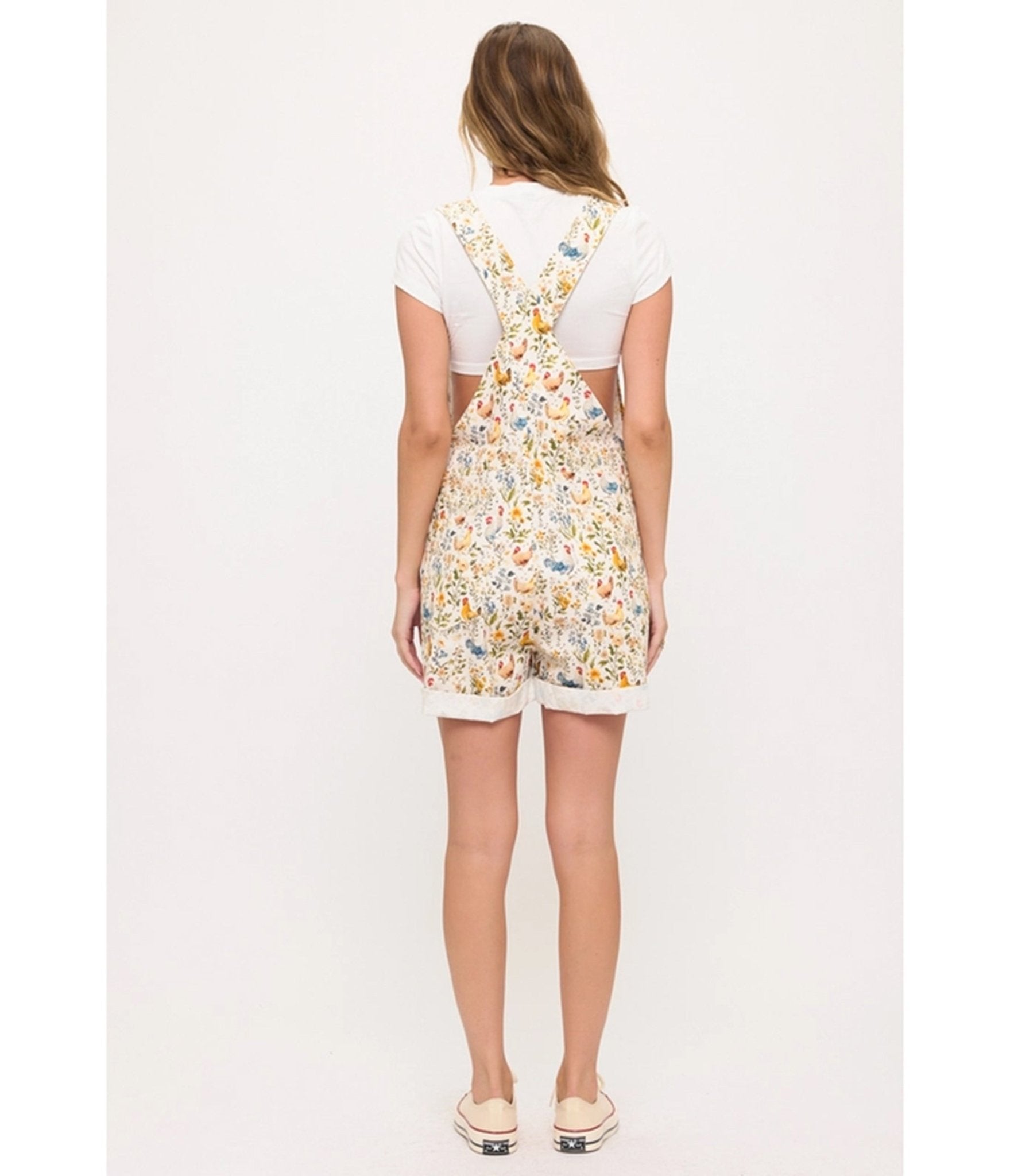 Rooster and Floral Print Short Overalls - Unique Vintage - Womens, BOTTOMS, ROMPERS AND JUMPSUITS