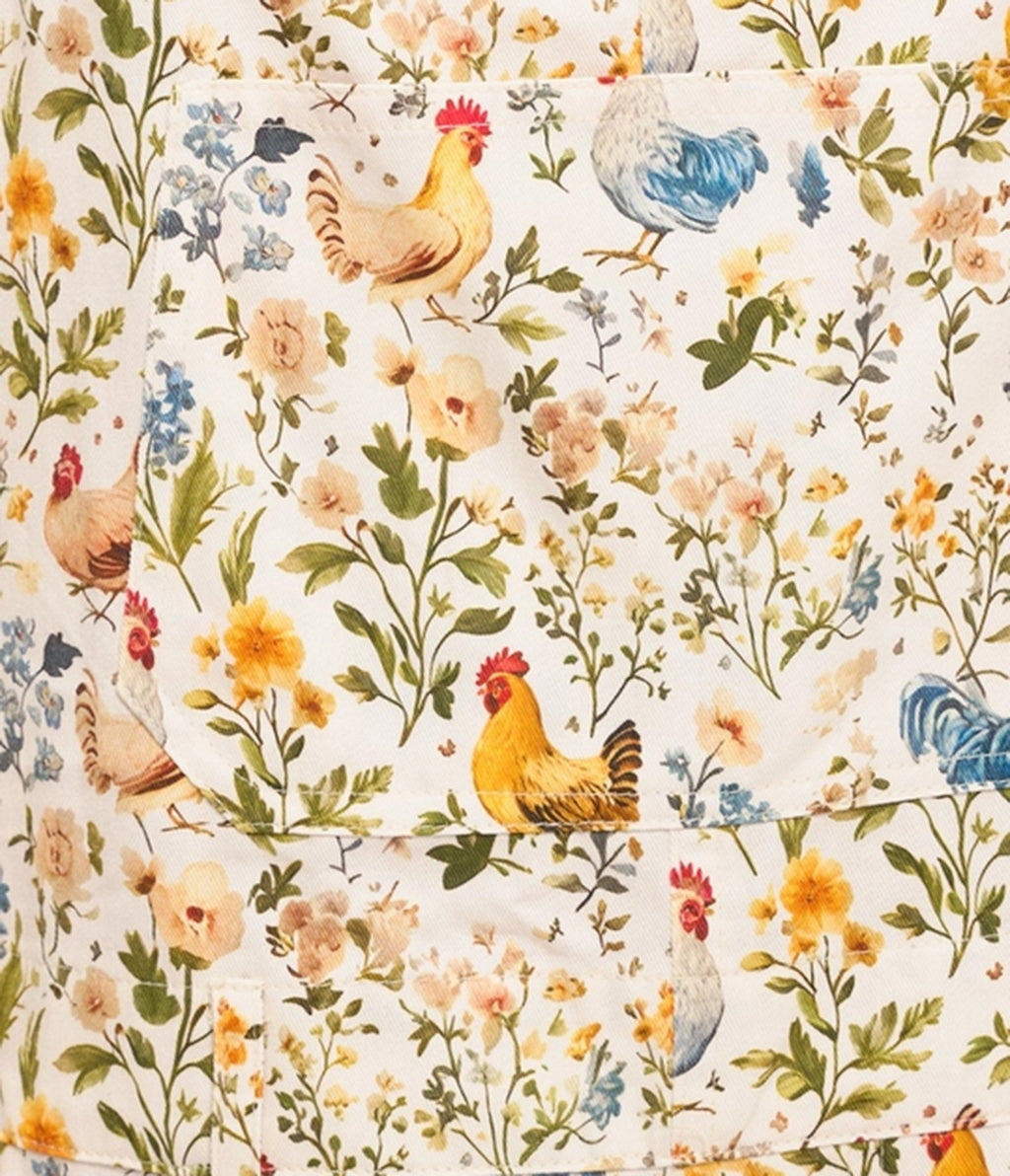 Rooster and Floral Print Short Overalls - Unique Vintage - Womens, BOTTOMS, ROMPERS AND JUMPSUITS