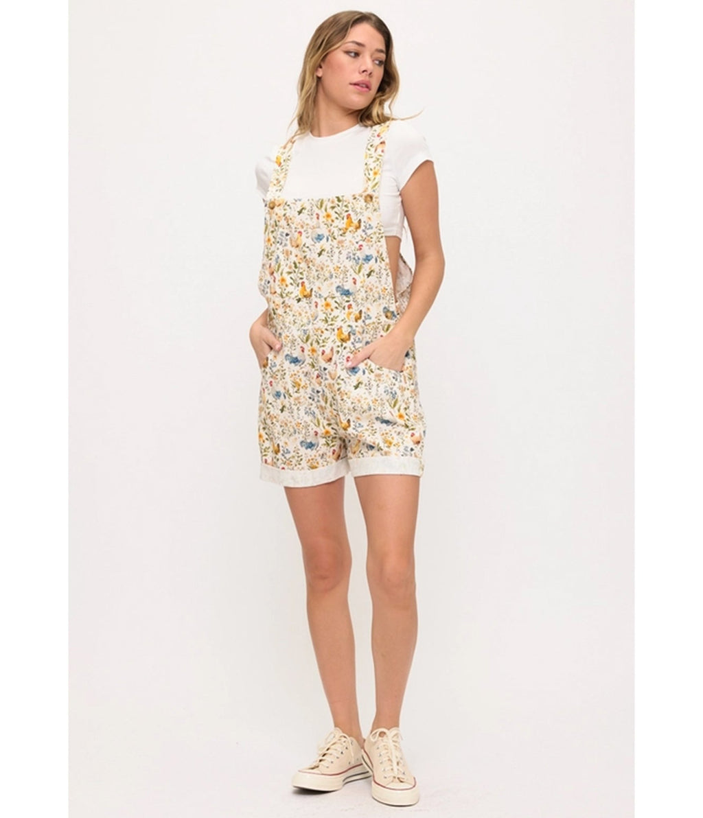 Rooster and Floral Print Short Overalls - Unique Vintage - Womens, BOTTOMS, ROMPERS AND JUMPSUITS