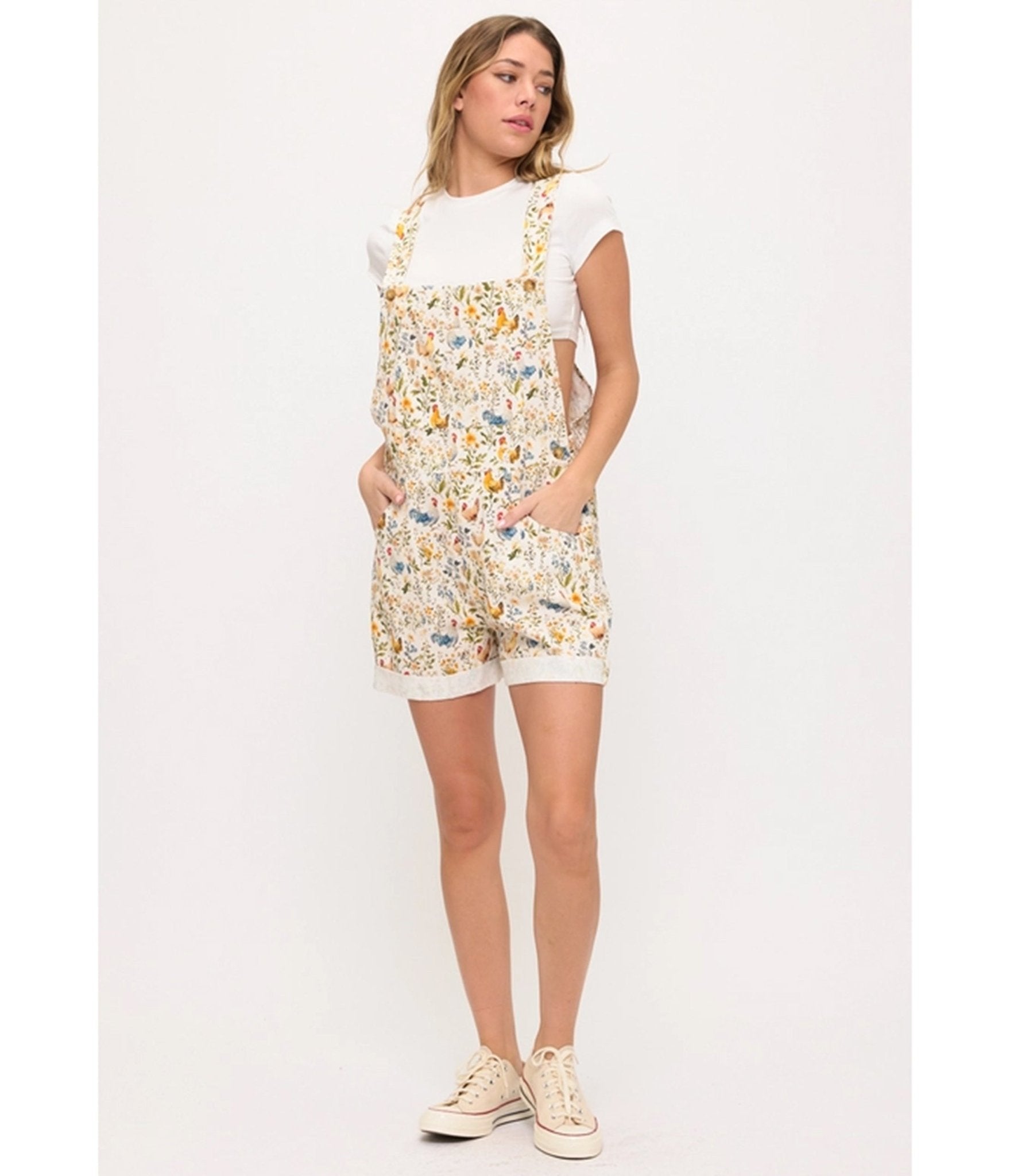 Rooster and Floral Print Short Overalls - Unique Vintage - Womens, BOTTOMS, ROMPERS AND JUMPSUITS