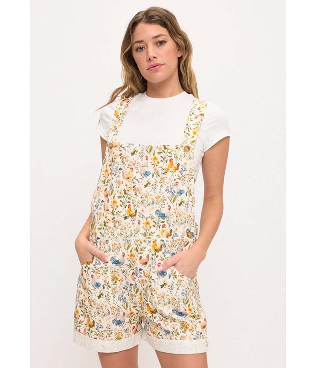 Rooster and Floral Print Short Overalls - Unique Vintage - Womens, BOTTOMS, ROMPERS AND JUMPSUITS