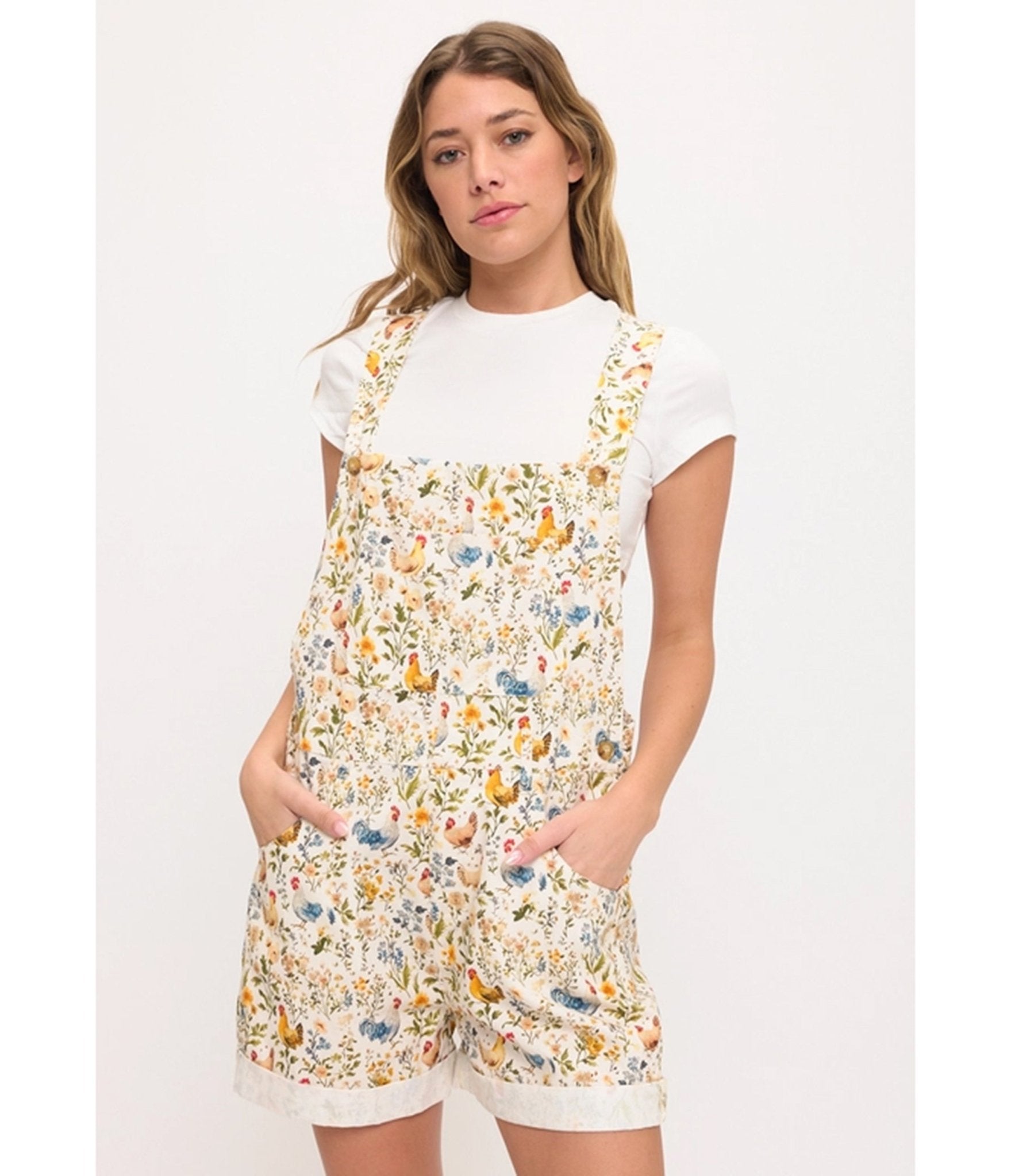 Rooster and Floral Print Short Overalls - Unique Vintage - Womens, BOTTOMS, ROMPERS AND JUMPSUITS