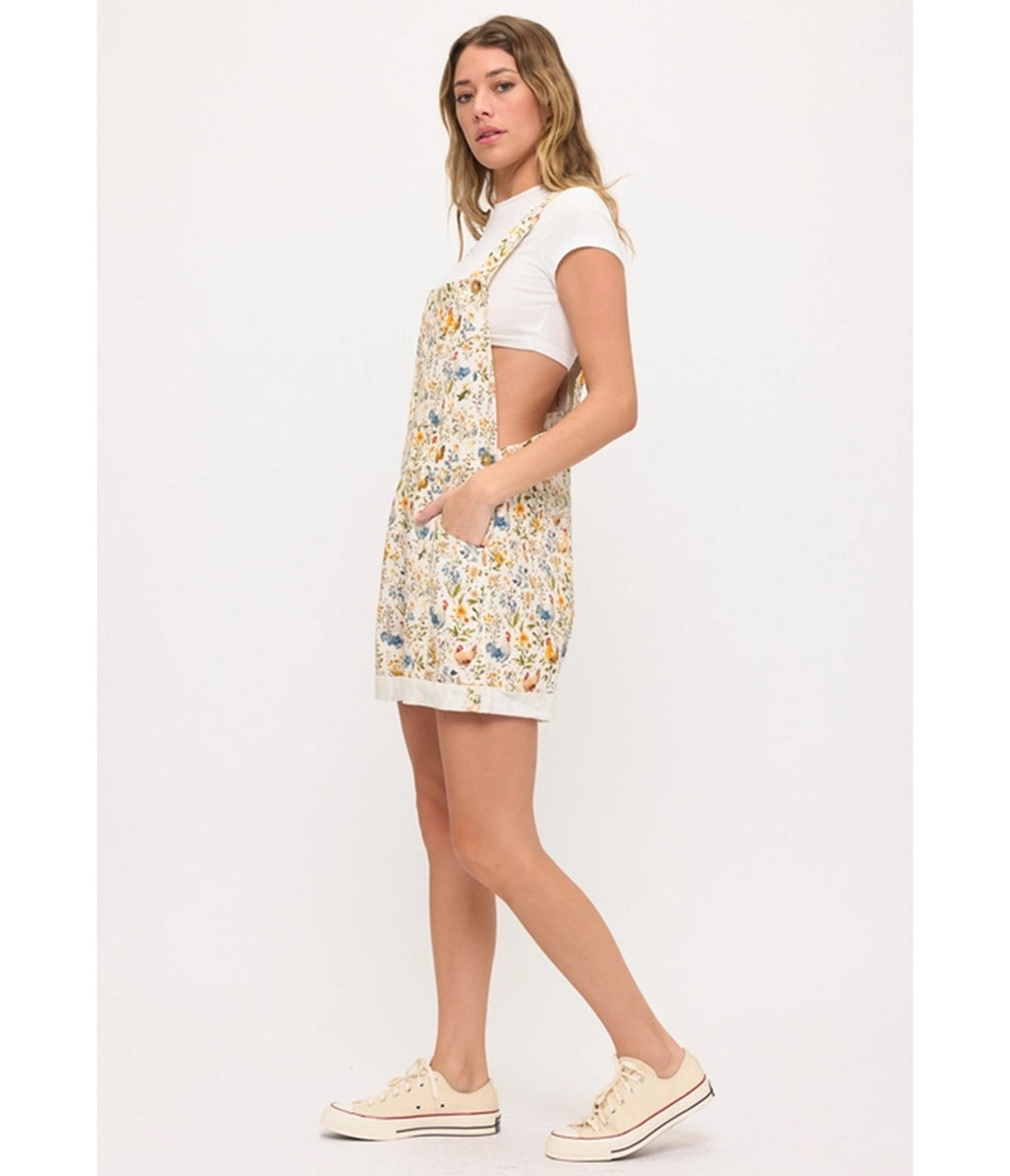 Rooster and Floral Print Short Overalls - Unique Vintage - Womens, BOTTOMS, ROMPERS AND JUMPSUITS