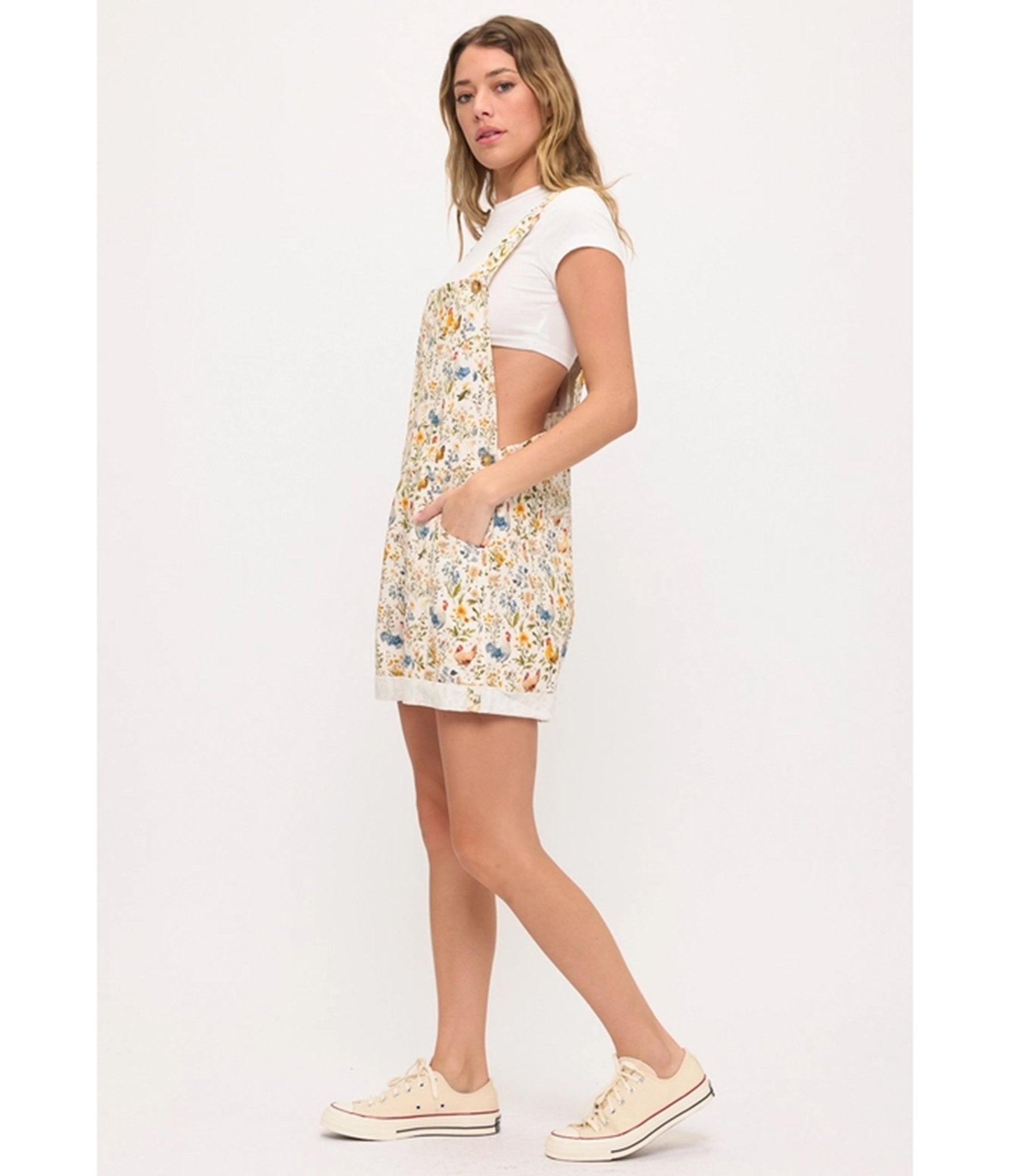 Rooster and Floral Print Short Overalls - Unique Vintage - Womens, BOTTOMS, ROMPERS AND JUMPSUITS